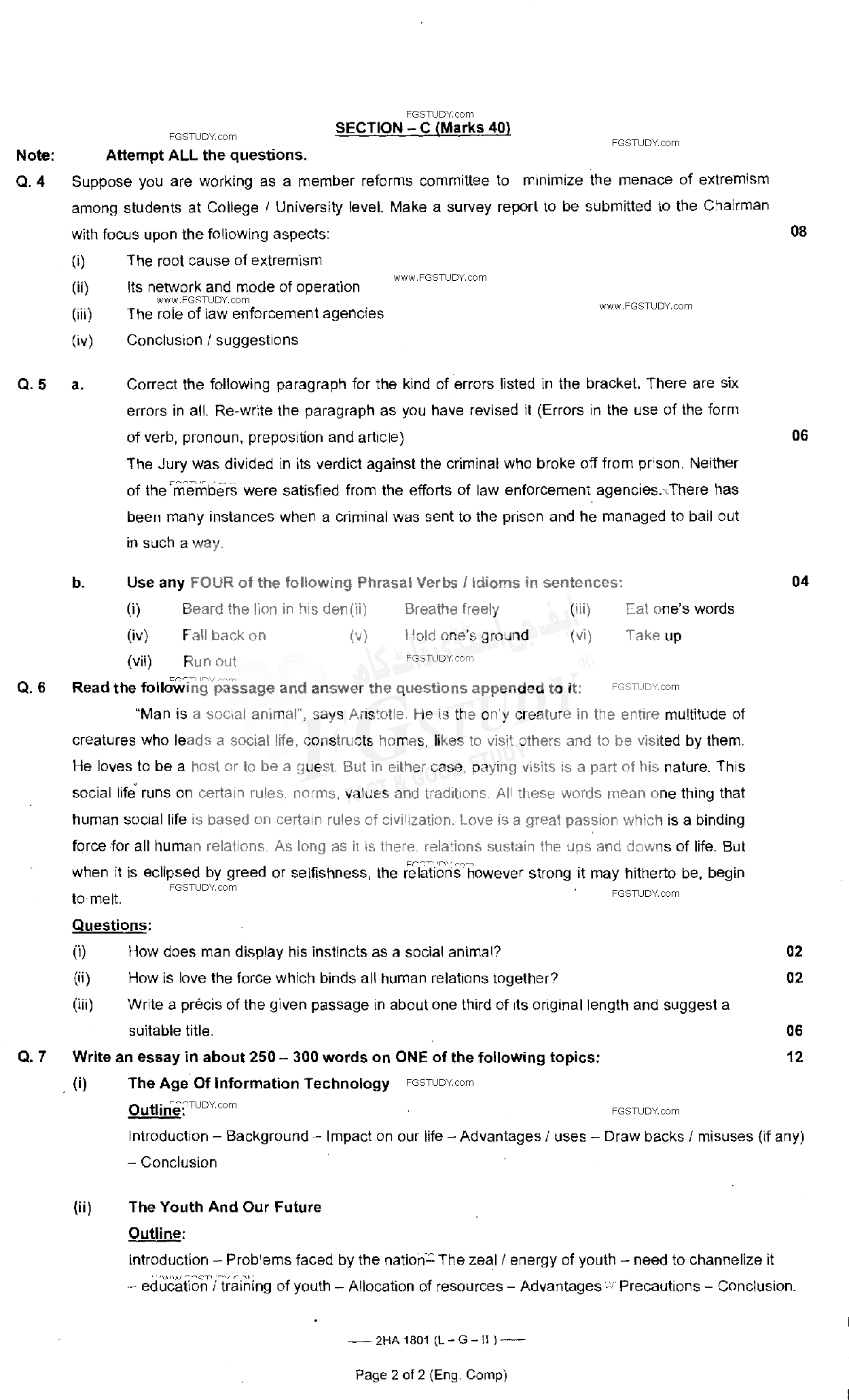 12th Class English Past Paper 2018 Federal Board Islamabad Group 2 Subjective