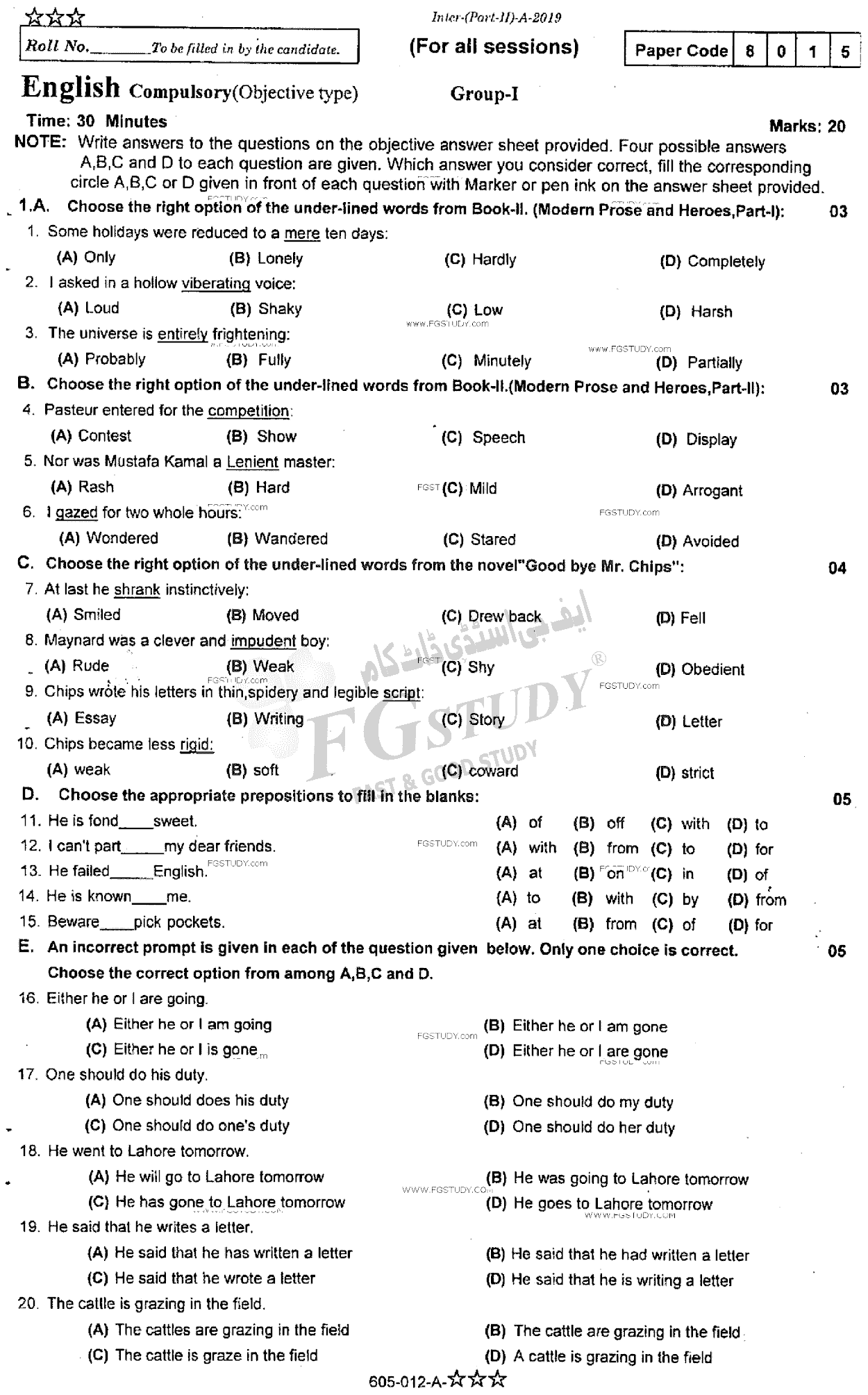 12th Class English Past Paper 2019 Rawalpindi Board Group 1 Objective