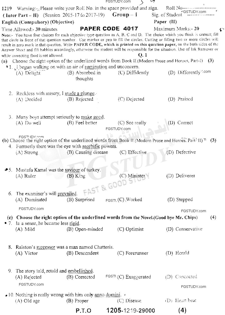 12th Class English Past Paper 2019 Sargodha Board Group 1 Objective