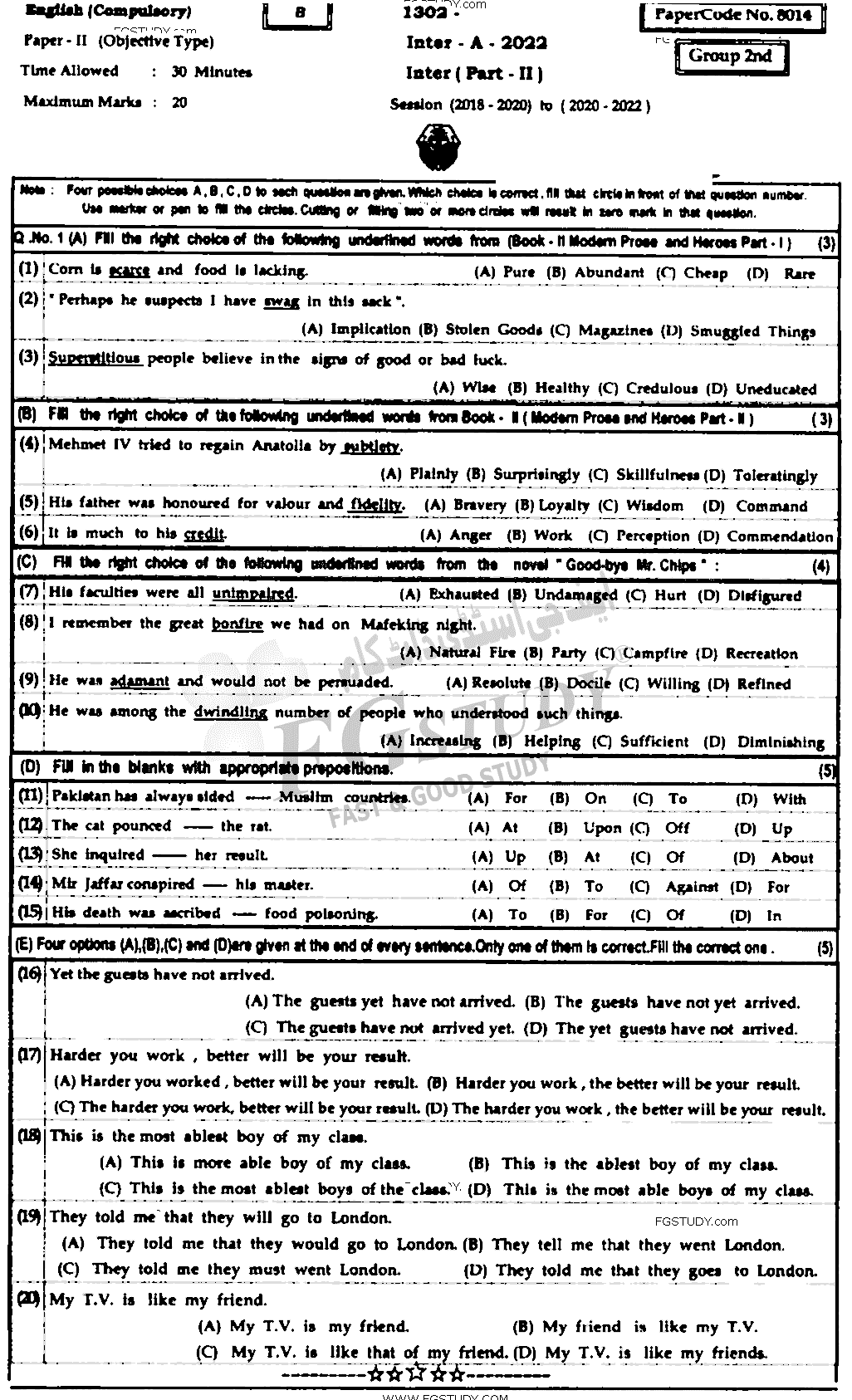 12th Class English Past Paper 2022 Bahawalpur Board Group 2 Objective
