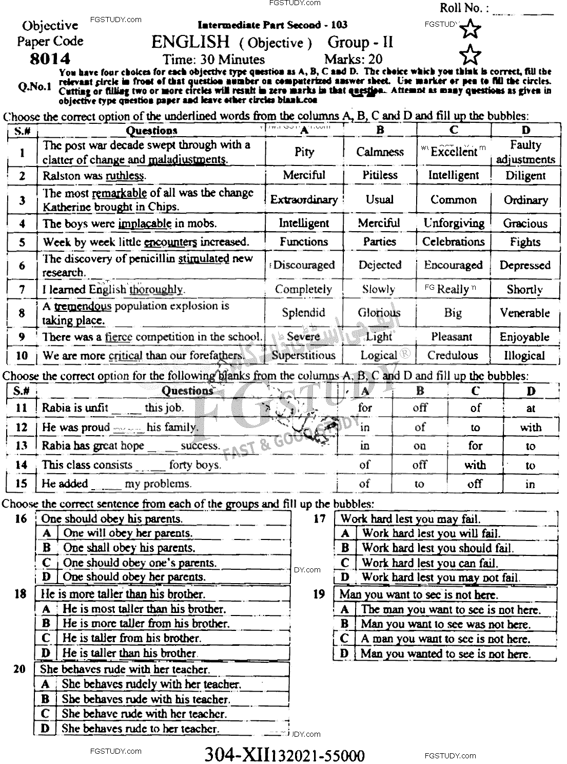 12th Class English Past Paper 2022 Faisalabad Board Group 2 Objective