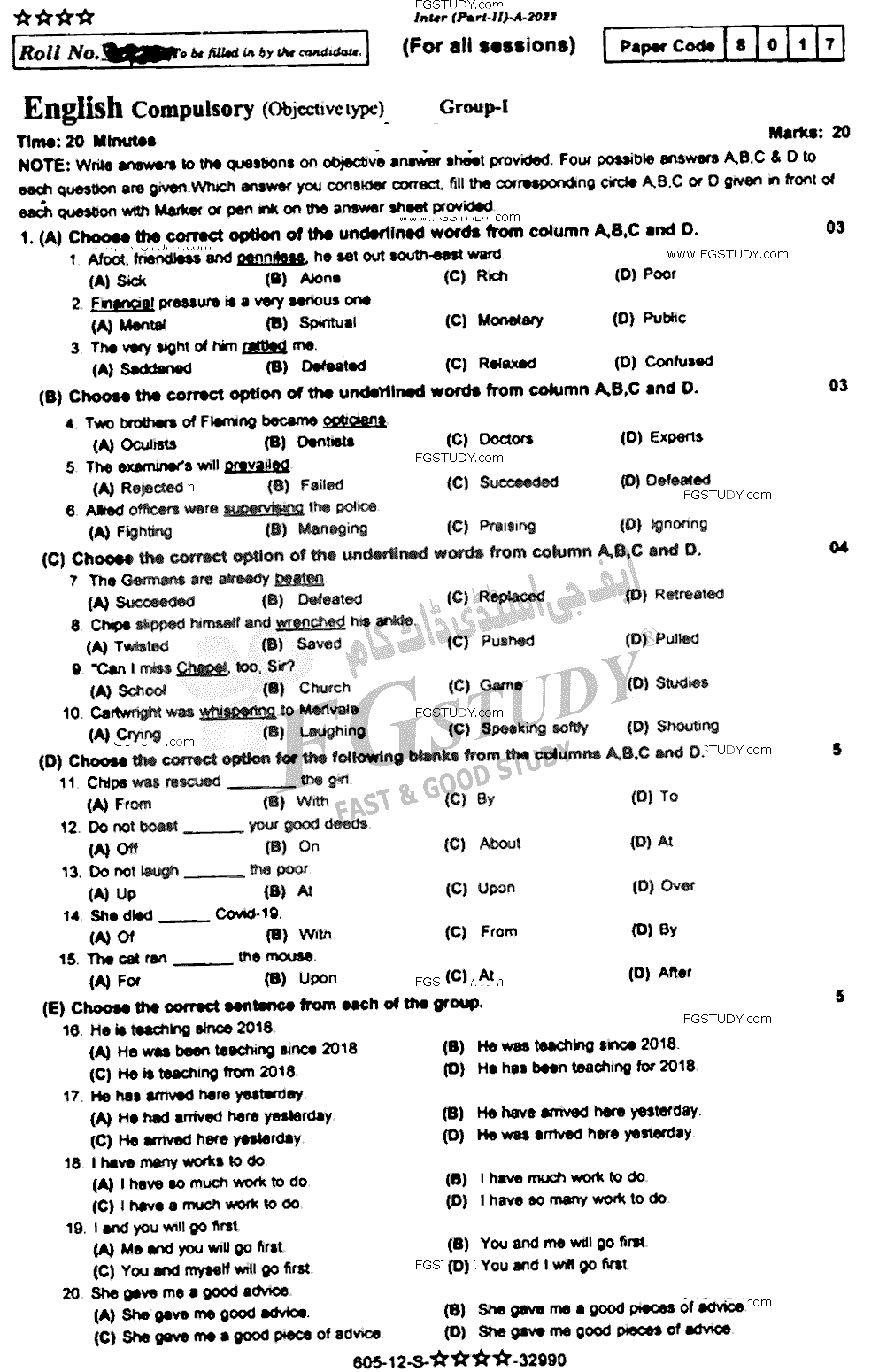 12th Class English Past Paper 2022 Rawalpindi Board Group 1 Objective
