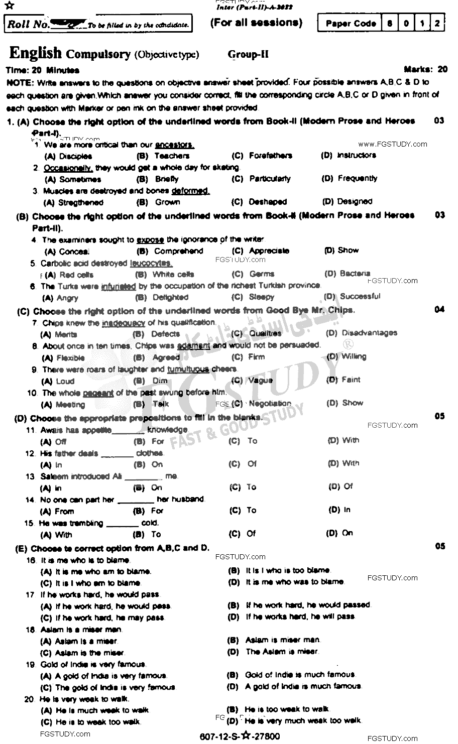 12th Class English Past Paper 2022 Rawalpindi Board Group 2 Objective