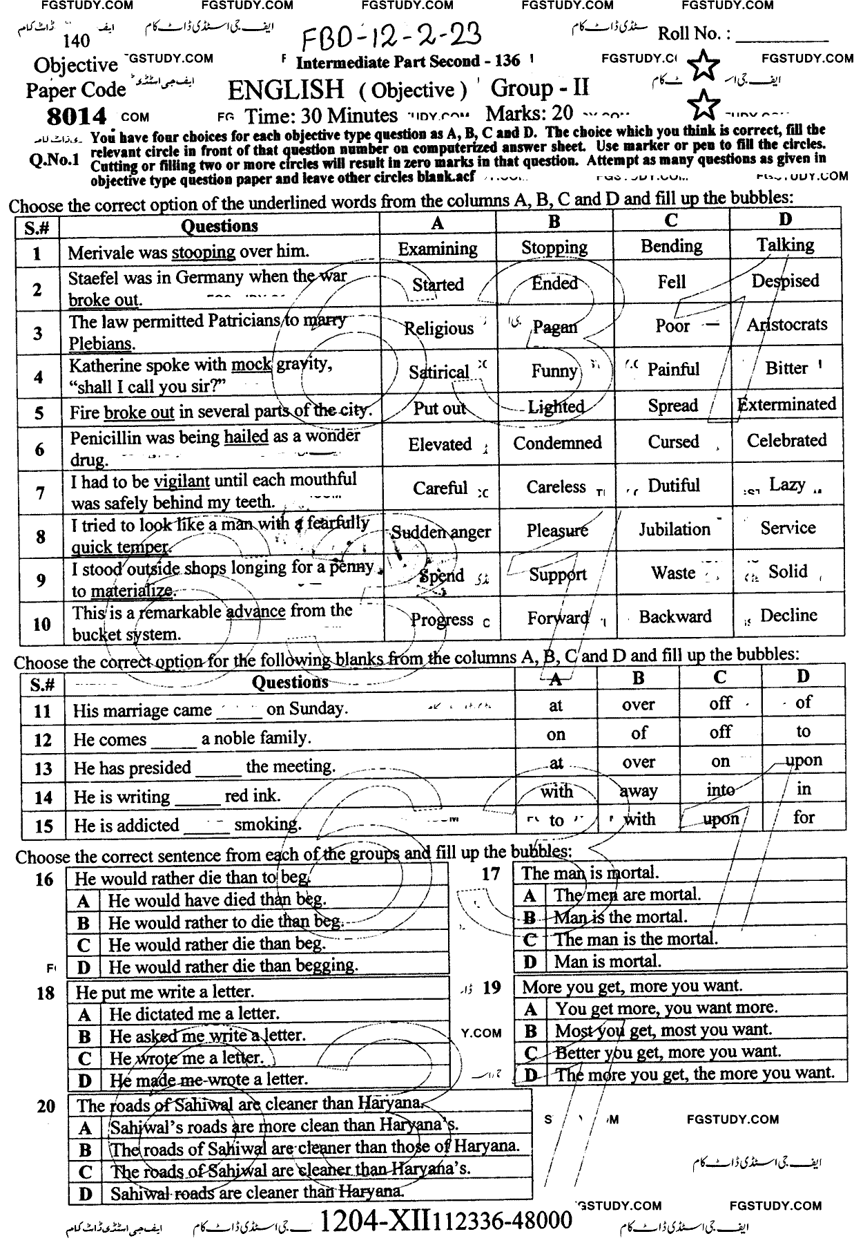 12th Class English Past Paper 2023 Faisalabad Board Group 2 Objective