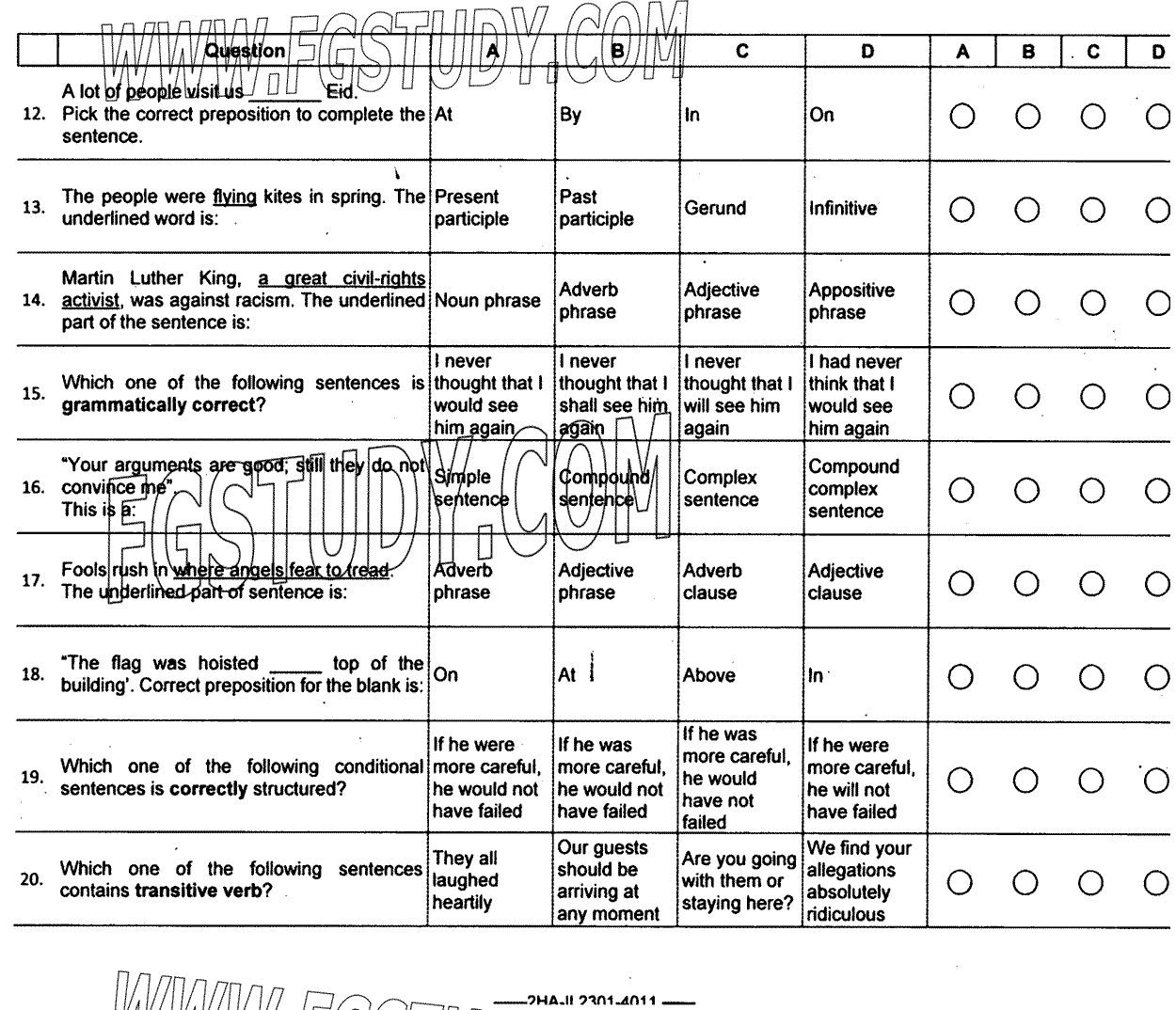 12th Class English Past Paper 2023 Federal Board Islamabad Objective