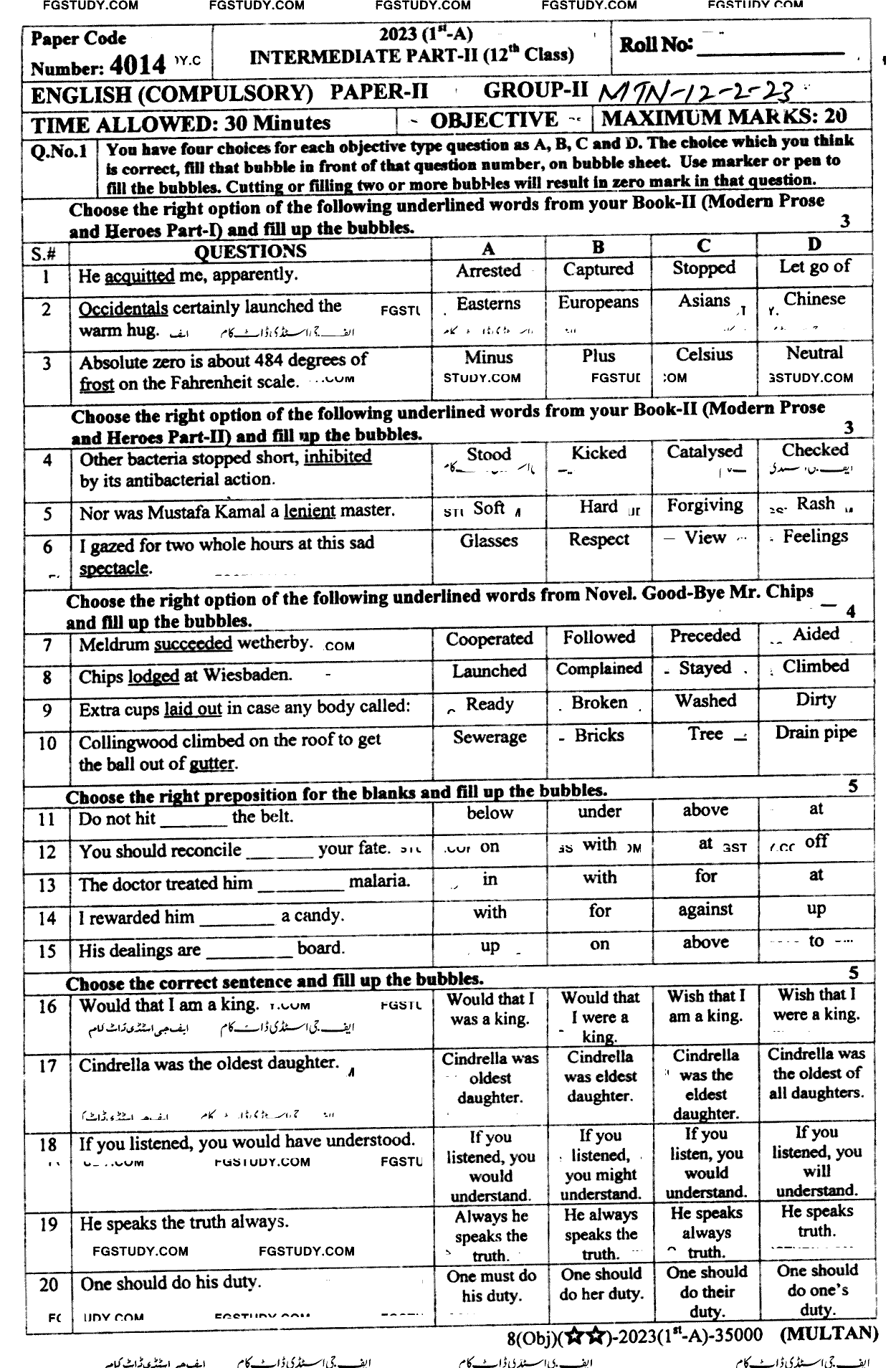 12th Class English Past Paper 2023 Multan Board Group 2 Objective
