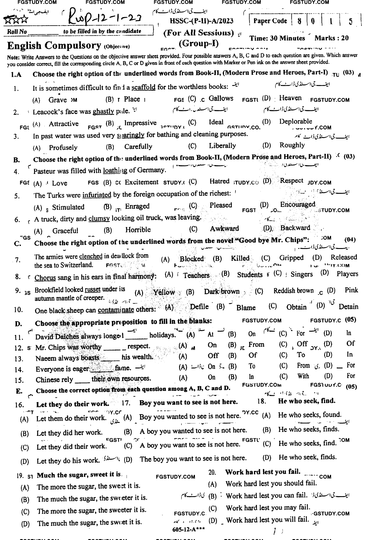 12th Class English Past Paper 2023 Rawalpindi Board Group 1 Objective