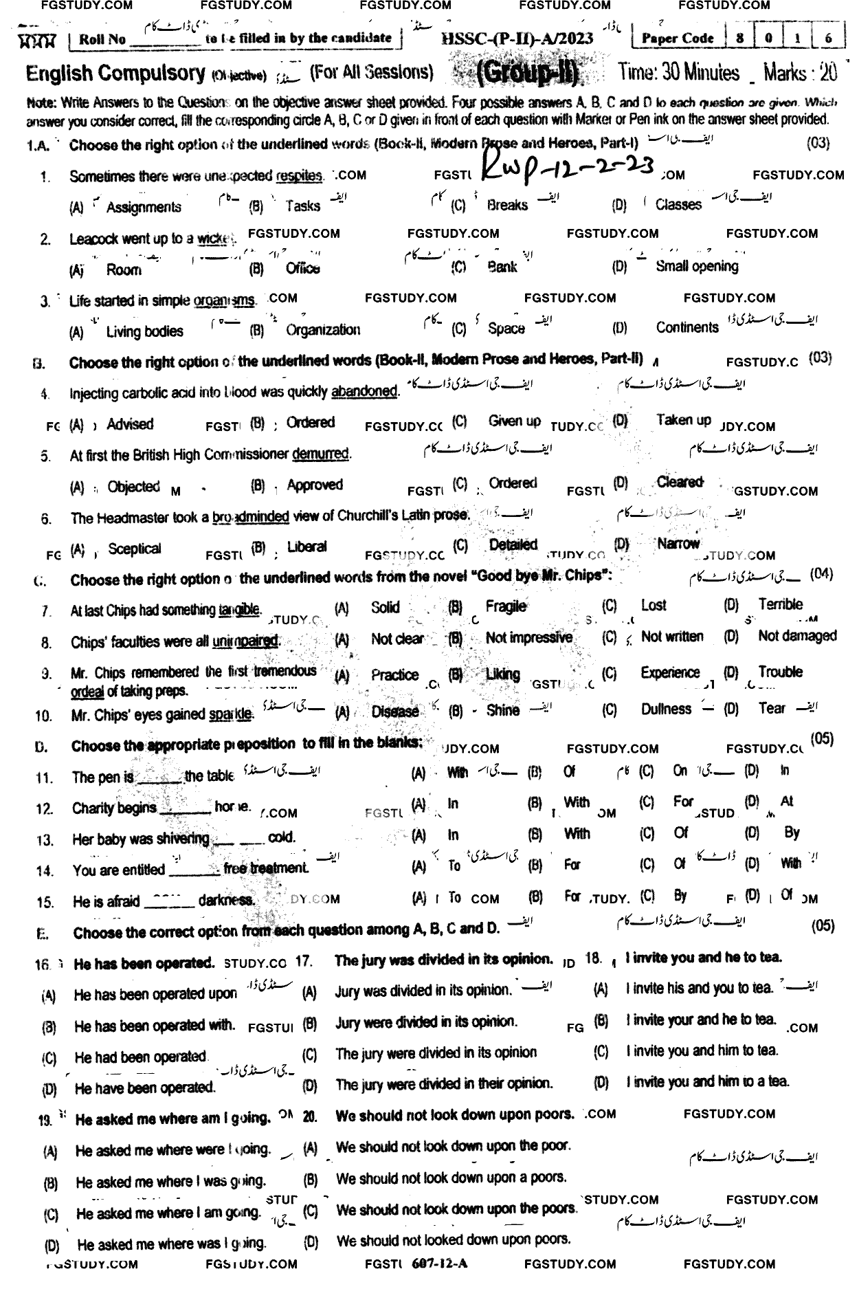 12th Class English Past Paper 2023 Rawalpindi Board Group 2 Objective