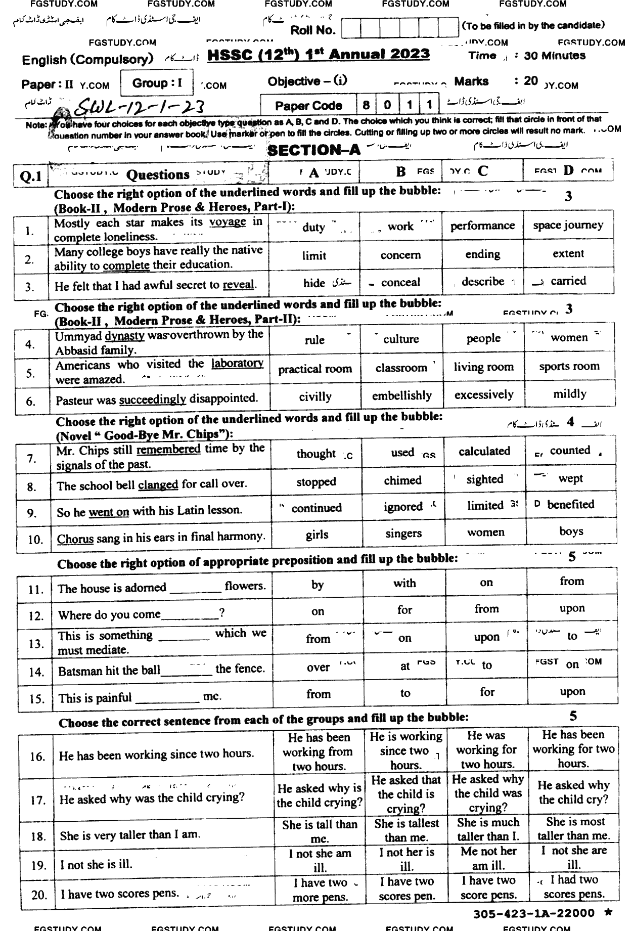 12th Class English Past Paper 2023 Sahiwal Board Group 1 Objective