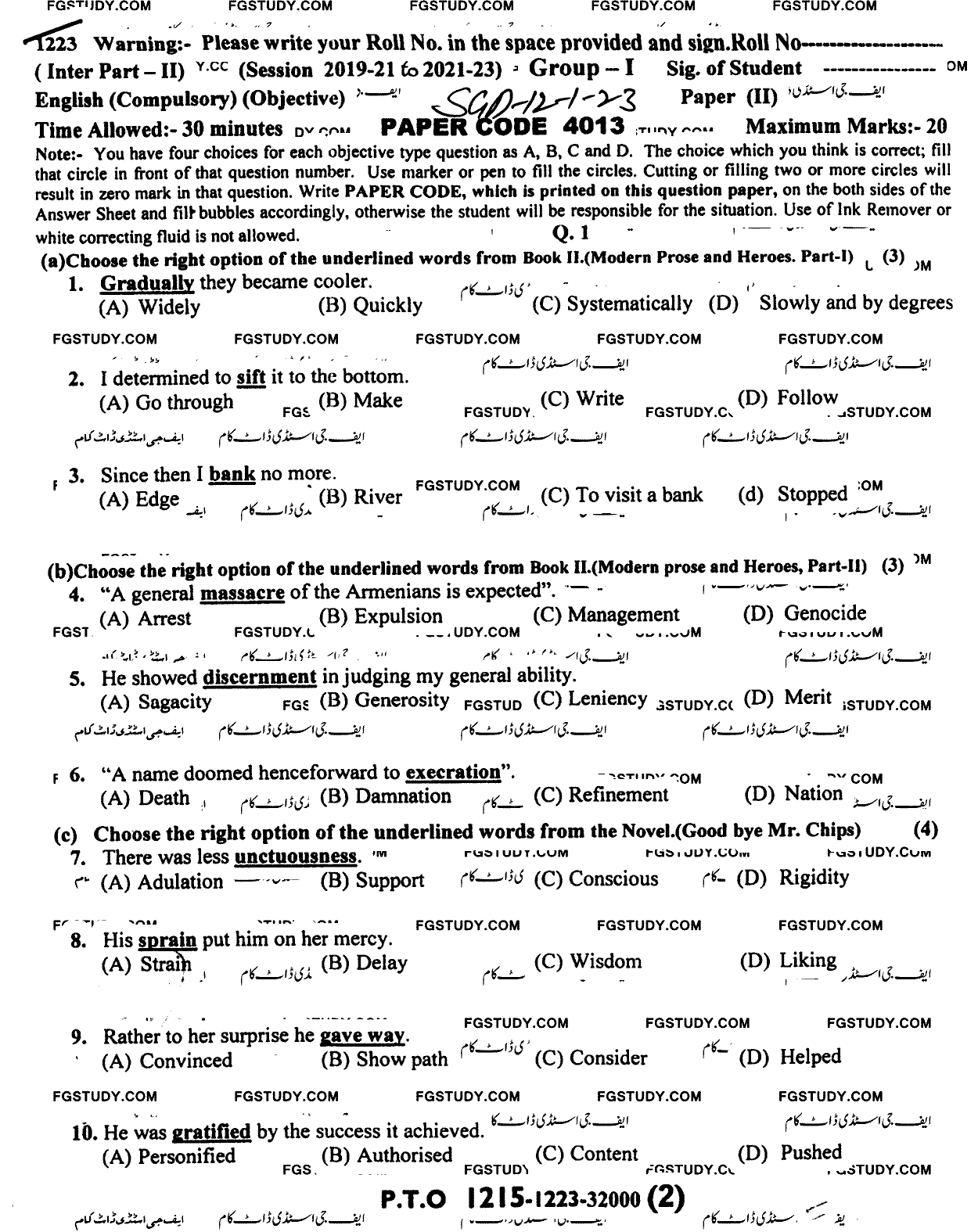 12th Class English Past Paper 2023 Sargodha Board Group 1 Objective