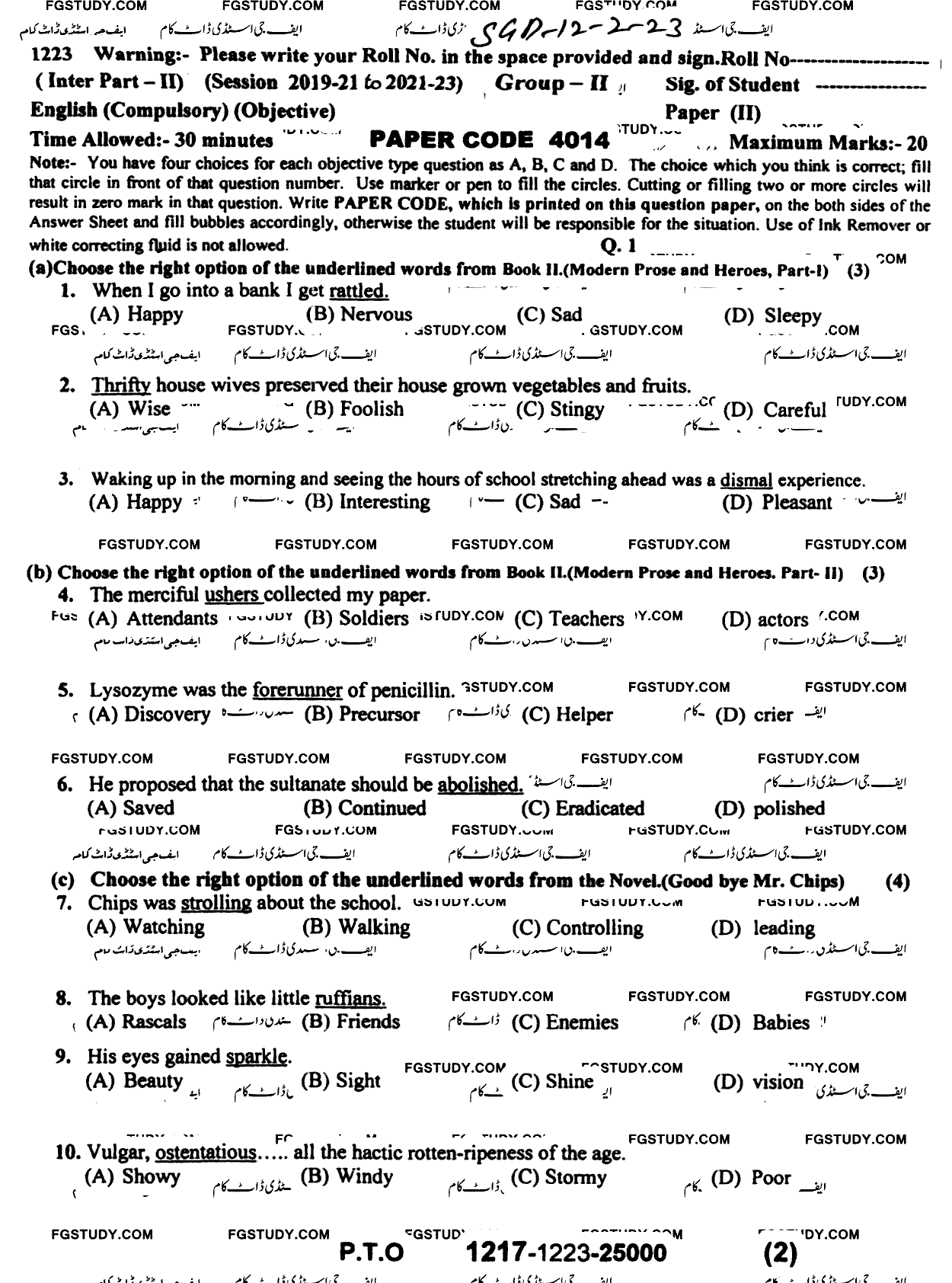 12th Class English Past Paper 2023 Sargodha Board Group 2 Objective