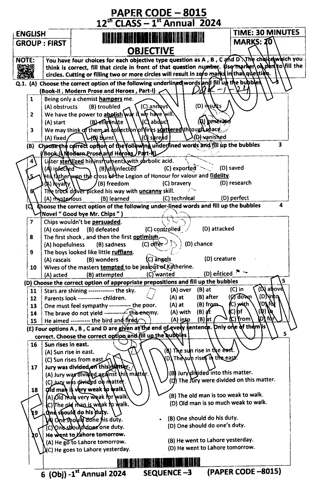 12th Class English Past Paper 2024 Dg Khan Board Group 1 Objective