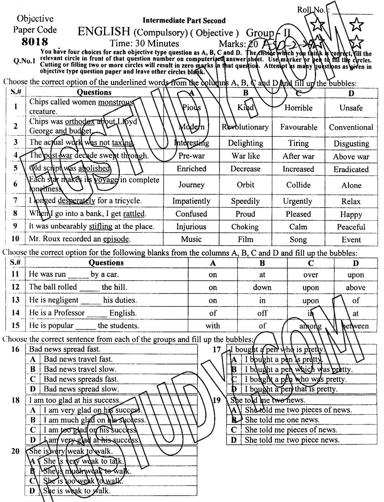 12th Class English Past Paper 2024 Faisalabad Board Group 2 Objective