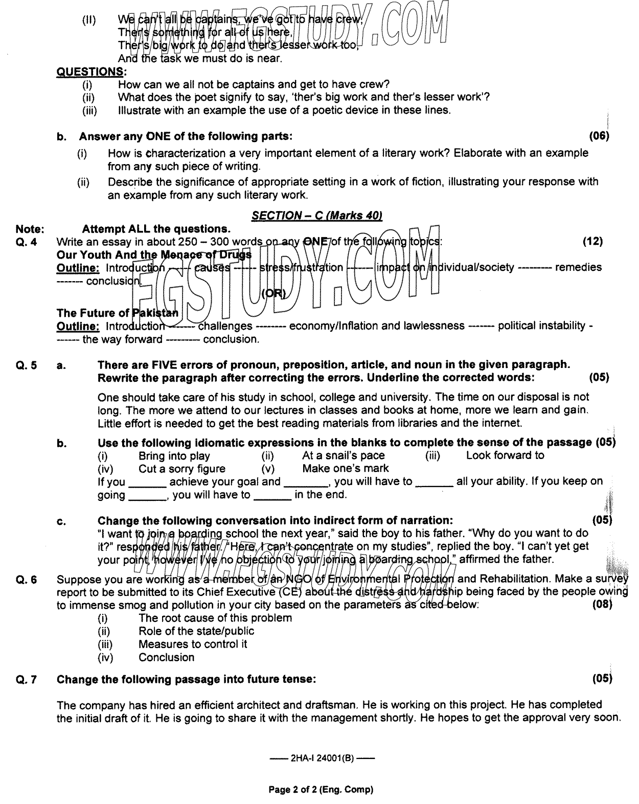 12th Class English Past Paper 2024 Federal Board Islamabad Group 1 Subjective