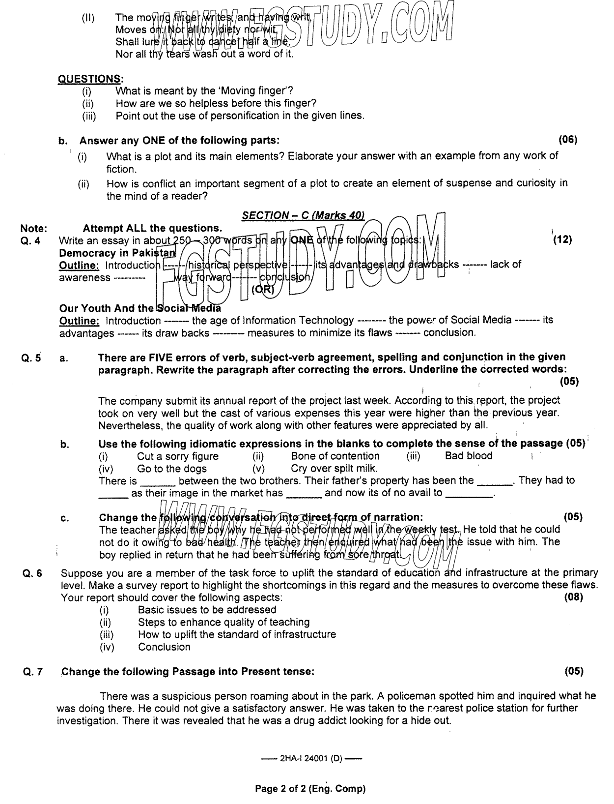 12th Class English Past Paper 2024 Federal Board Islamabad Group 2 Subjective