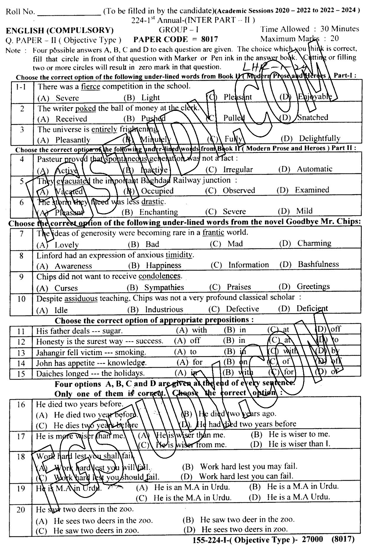 12th Class English Past Paper 2024 Lahore Board Group 1 Objective