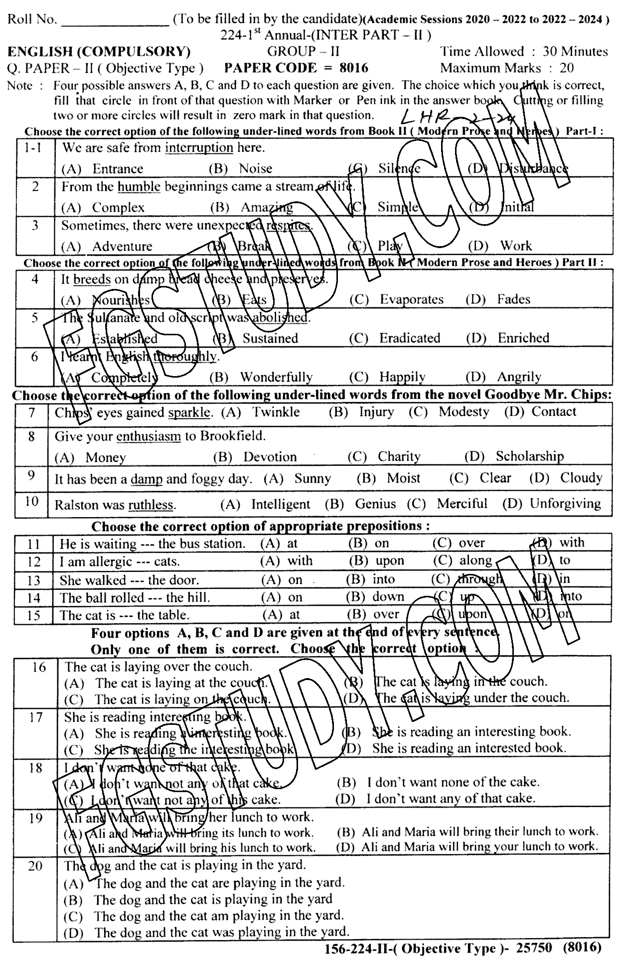 12th Class English Past Paper 2024 Lahore Board Group 2 Objective