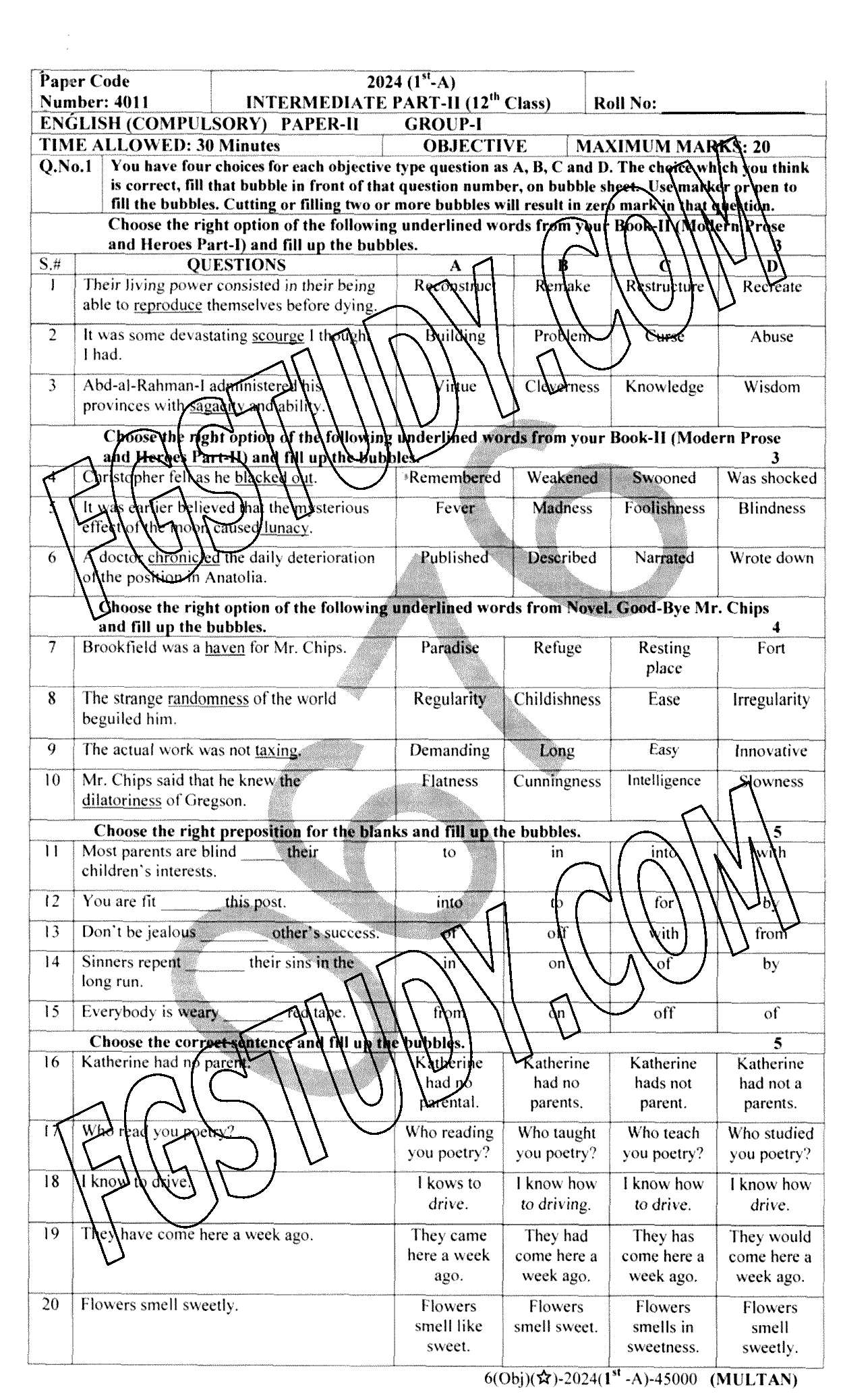 12th Class English Past Paper 2024 Multan Board Group 1 Objective