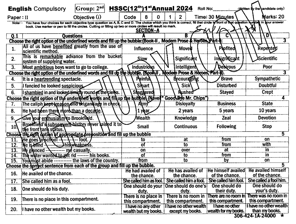 12th Class English Past Paper 2024 Sahiwal Board Group 2 Objective