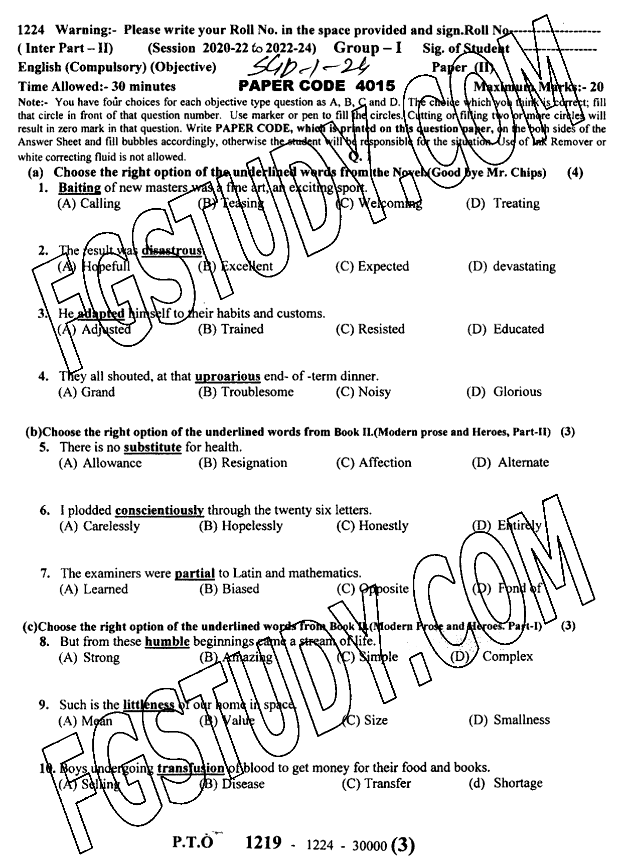12th Class English Past Paper 2024 Sargodha Board Group 1 Objective