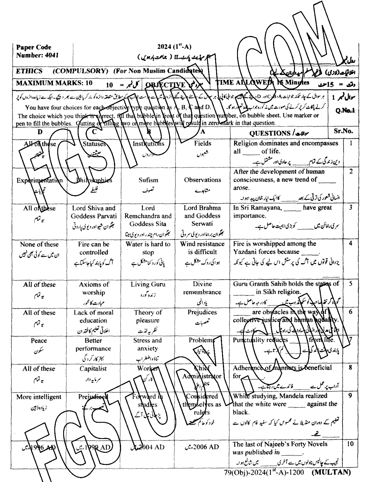 12th Class Ethics Ikhlaqiat Past Paper 2024 Multan Board Objective