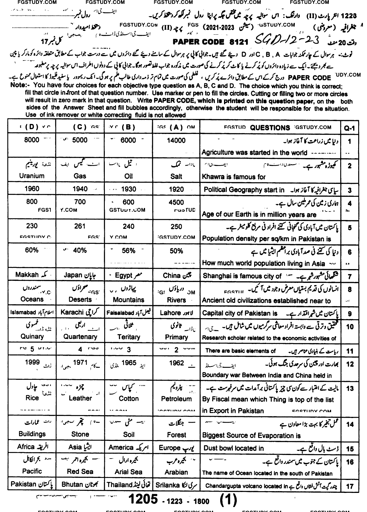 12th Class Geography Past Paper 2023 Sargodha Board Objective