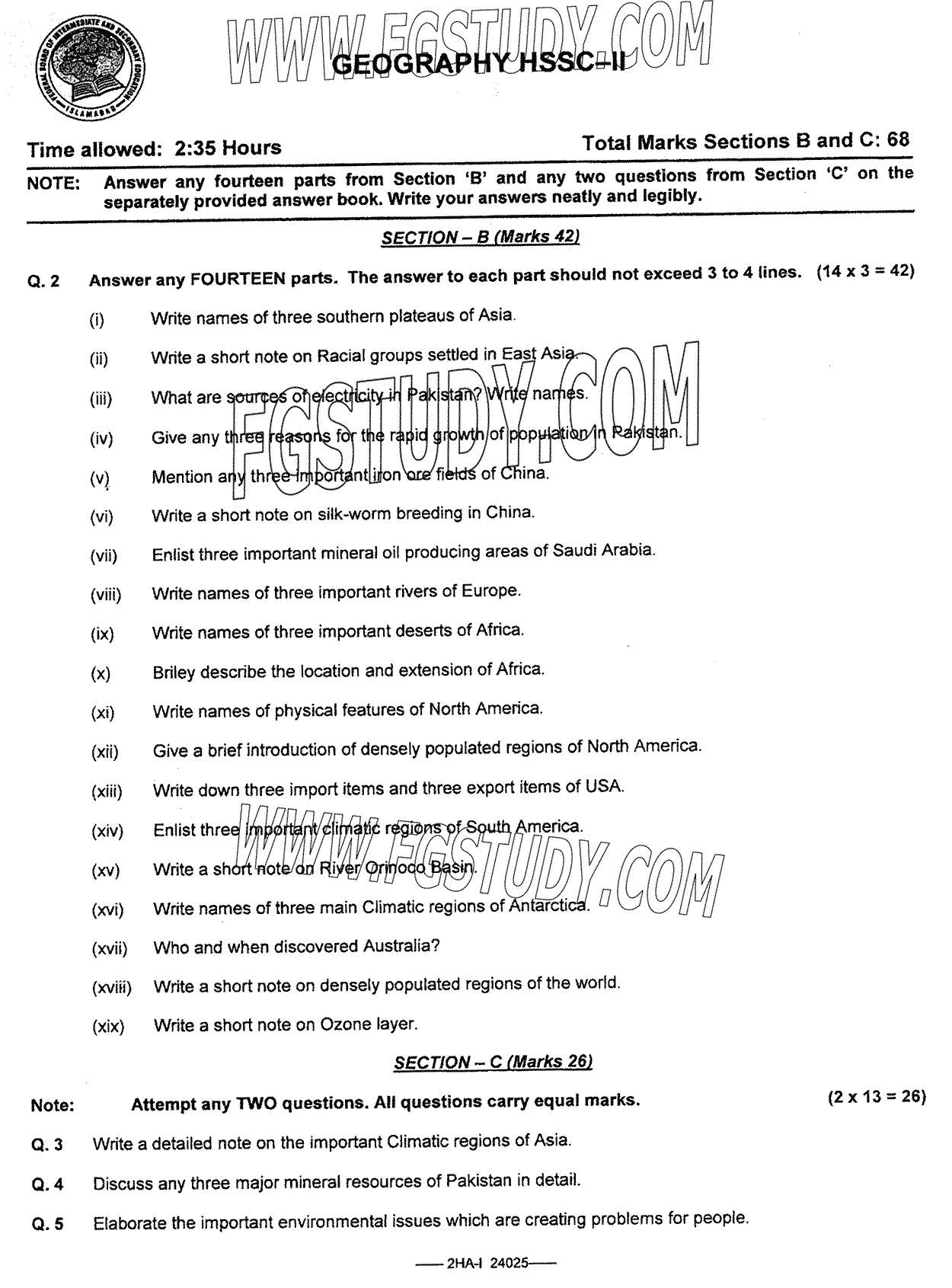 12th Class Geography Past Paper 2024 Federal Board Islamabad Subjective