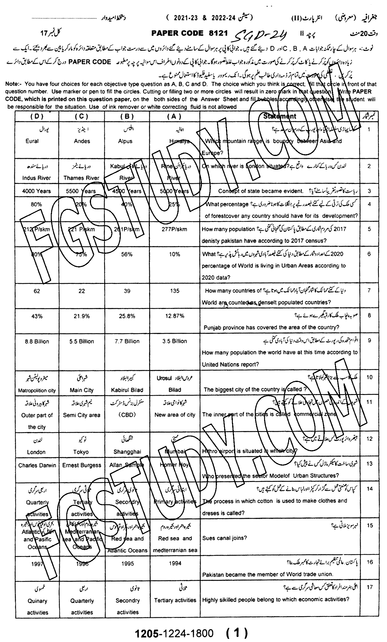 12th Class Geography Past Paper 2024 Sargodha Board Objective