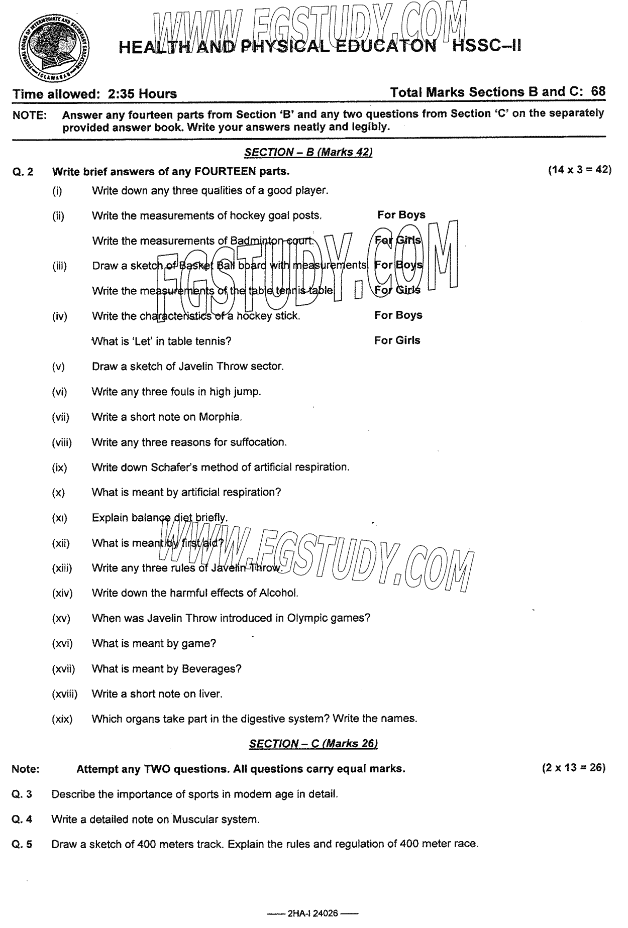 12th Class Health And Physical Education Past Paper 2024 Federal Board Islamabad Subjective