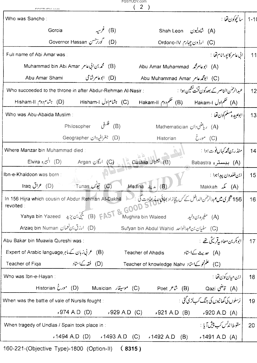 12th Class History Of Islam Muslim In Spain Past Paper 2021 Lahore Board Objective