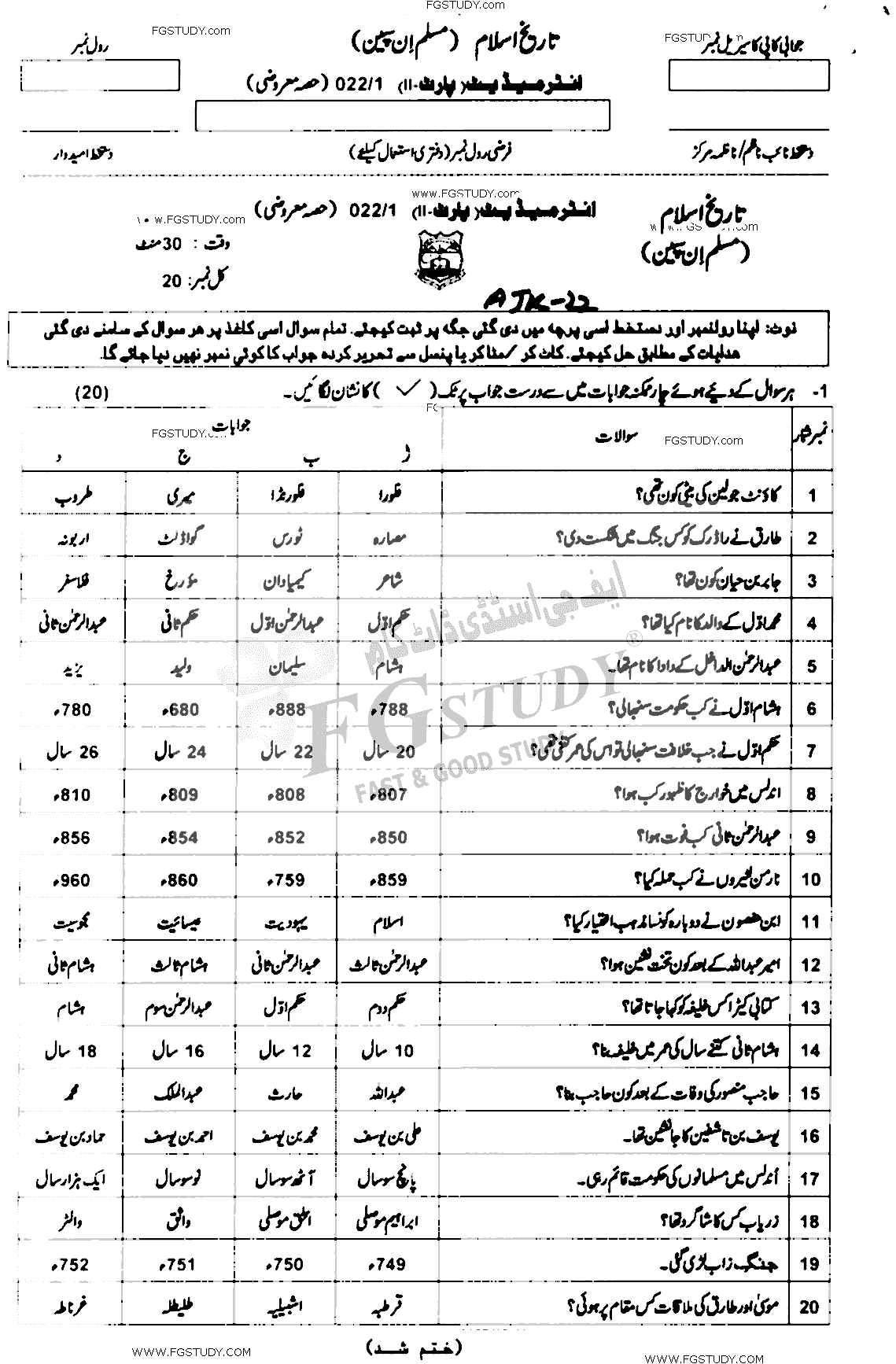 12th Class History Of Islam Muslim In Spain Past Paper 2022 Ajk Board Objective