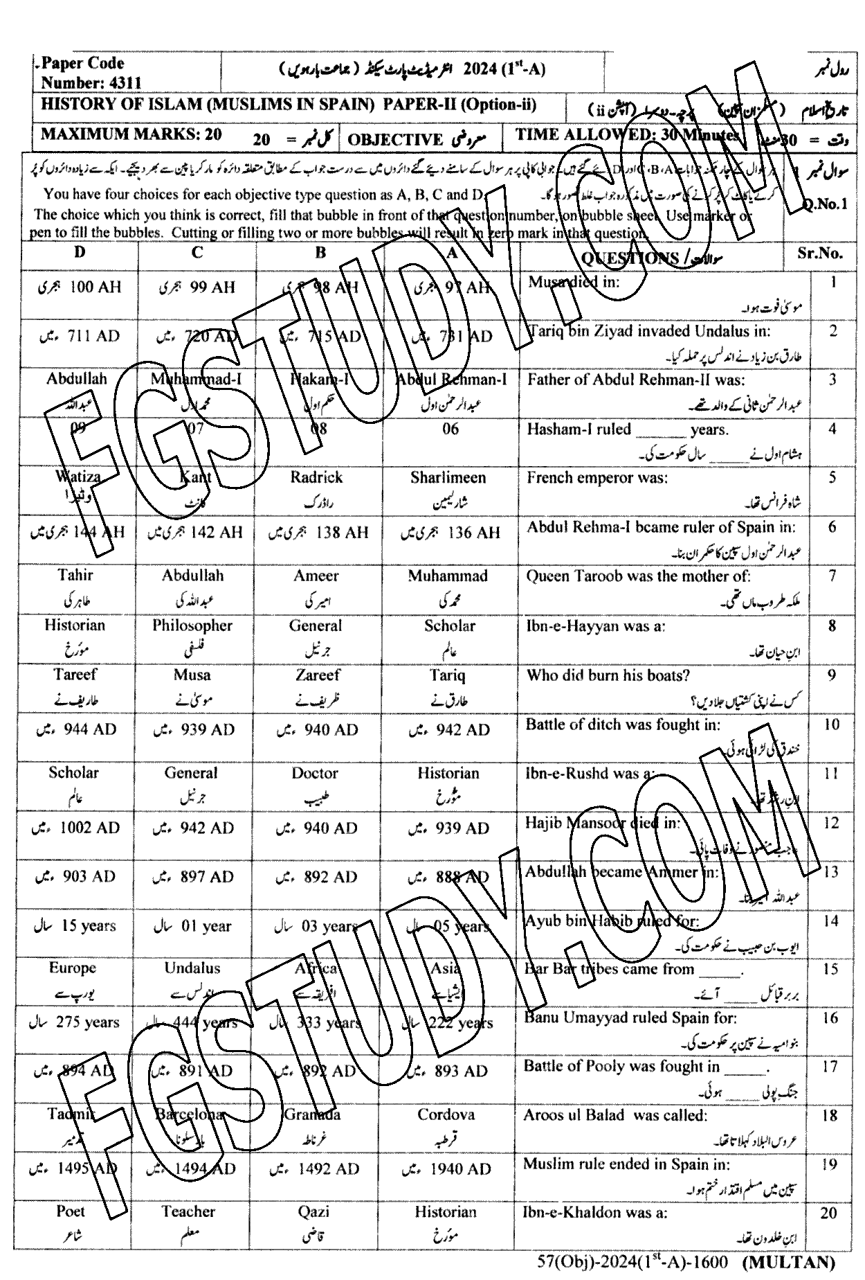 12th Class History Of Islam Muslim In Spain Past Paper 2024 Multan Board Objective