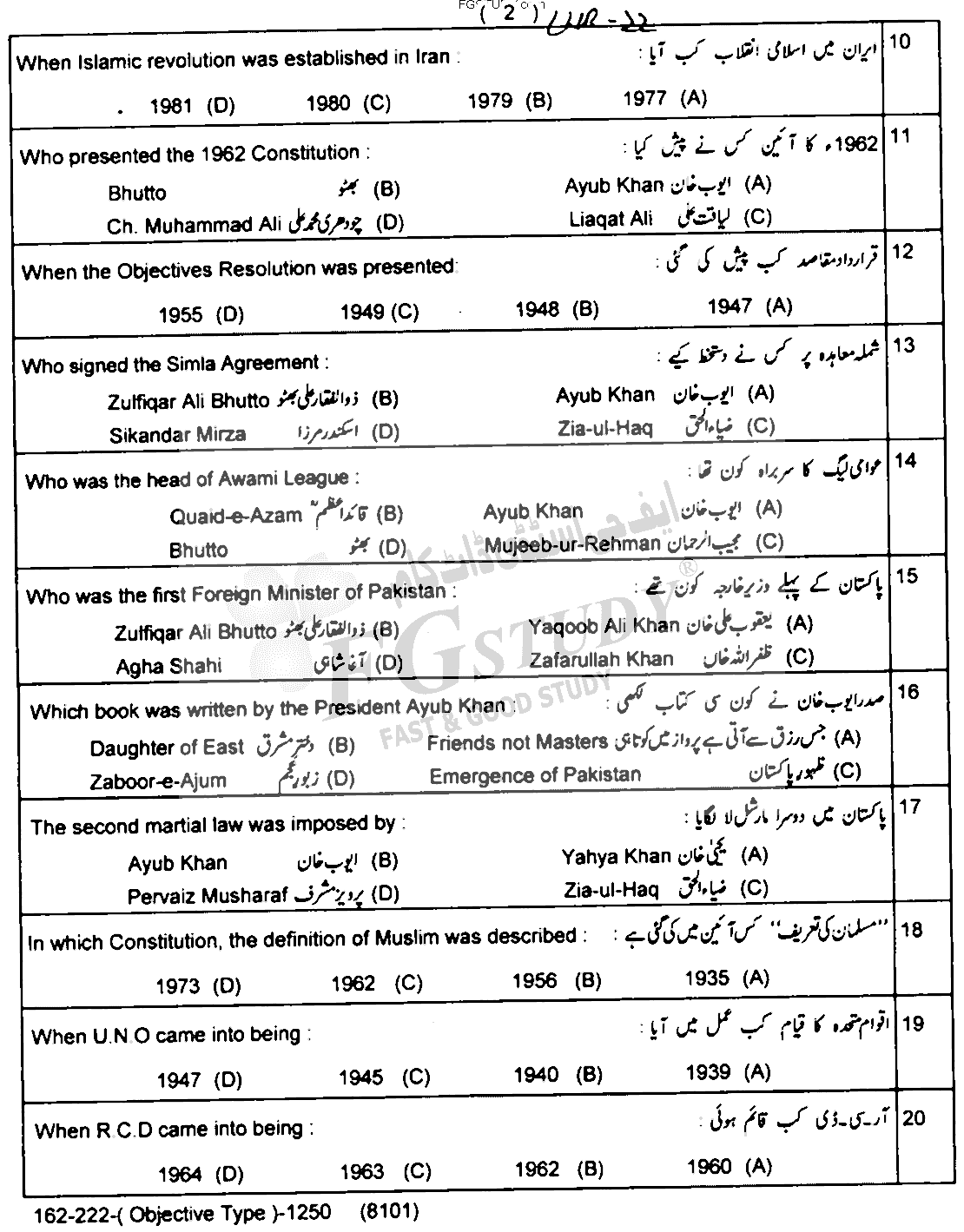 12th Class History Of Pakistan Past Paper 2022 Lahore Board Objective