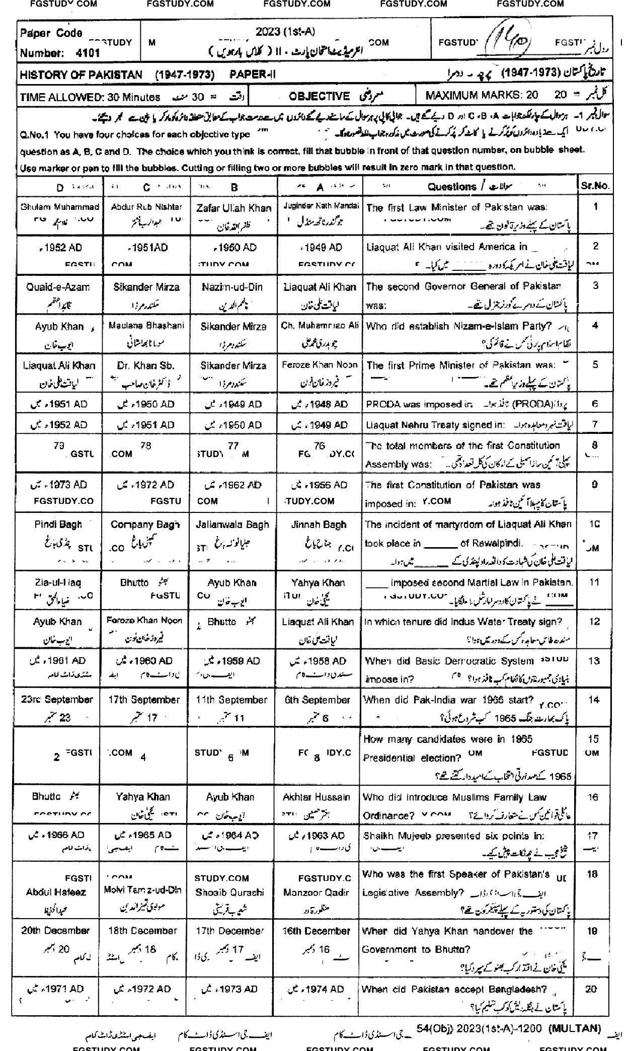 12th Class History Of Pakistan Past Paper 2023 Multan Board Objective