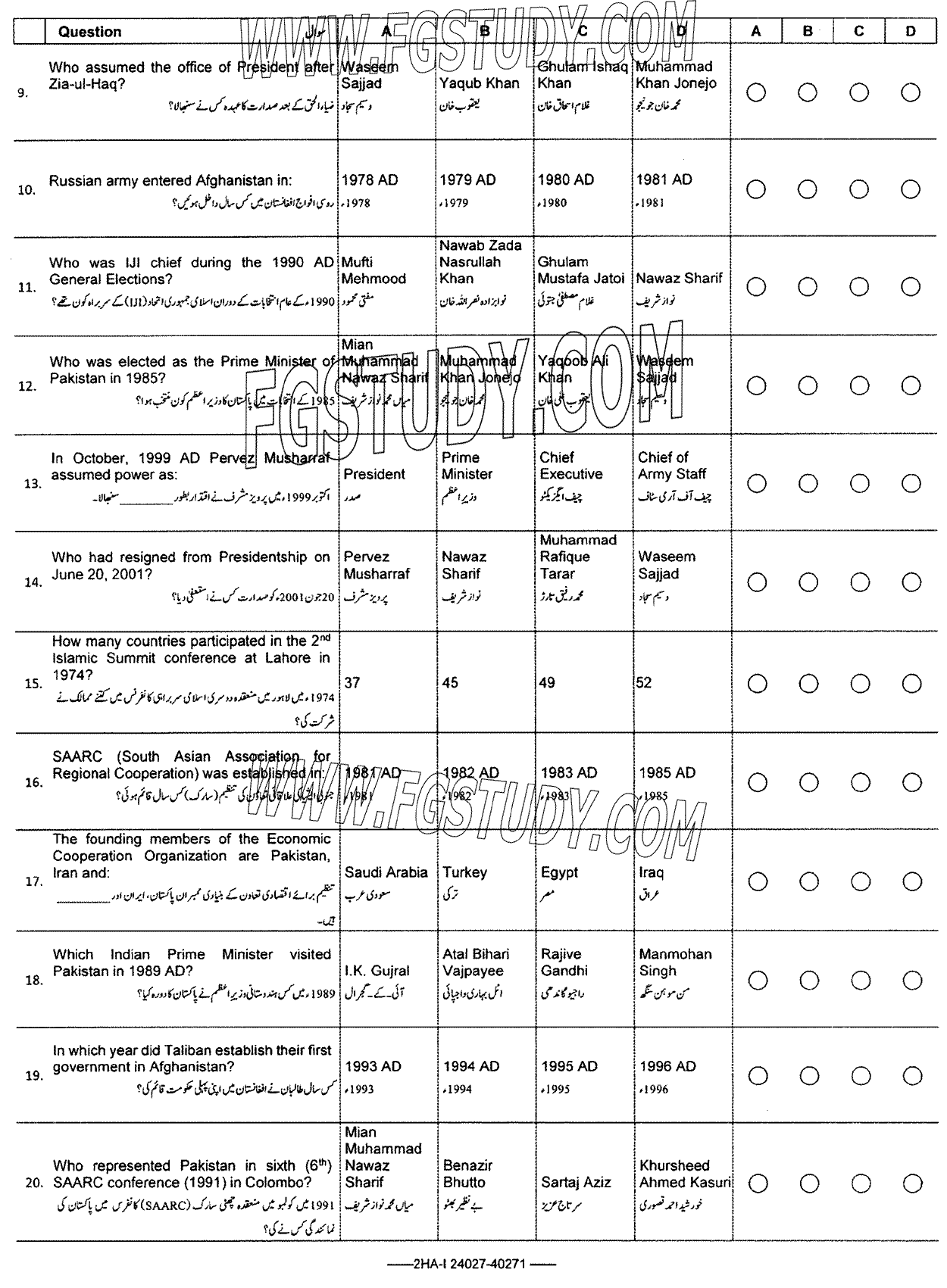 12th Class History Of Pakistan Past Paper 2024 Federal Board Islamabad Objective