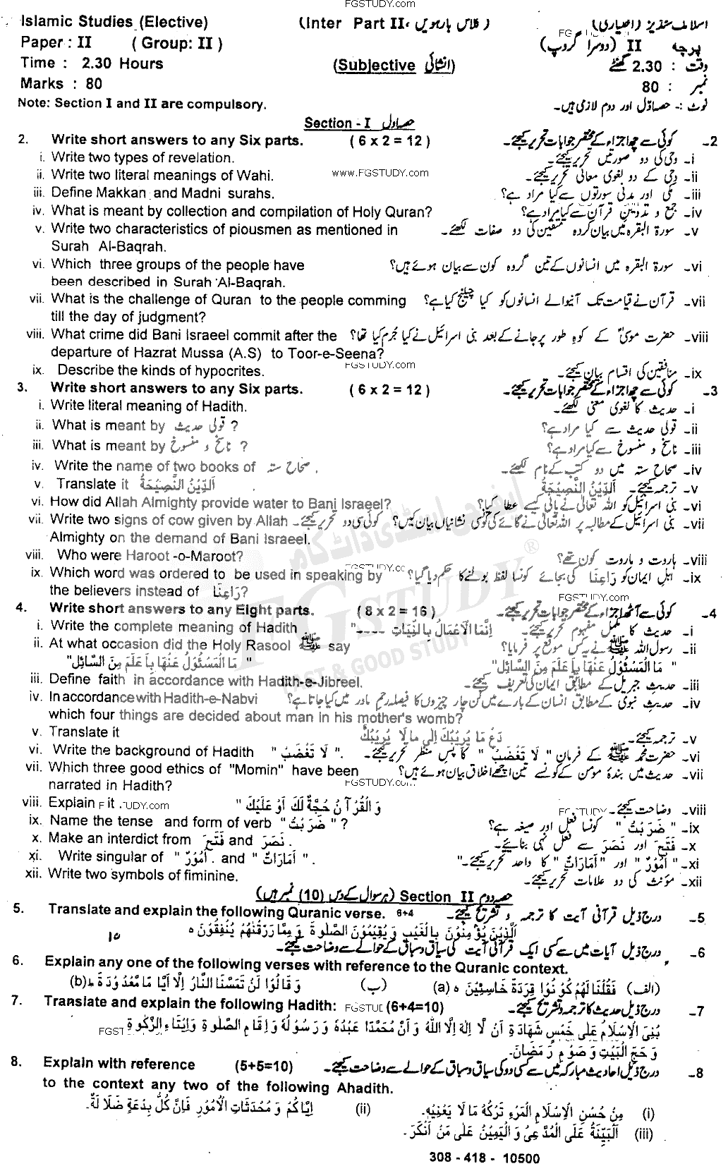 12th Class Islamic Studies Elective Past Paper 2018 Sahiwal Board Group 2 Subjective