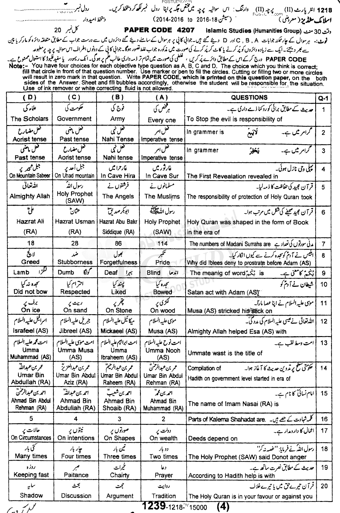 12th Class Islamic Studies Elective Past Paper 2018 Sargodha Board Objective