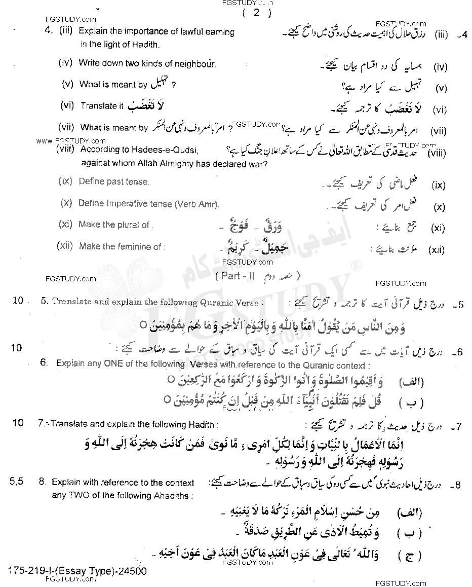 12th Class Islamic Studies Elective Past Paper 2019 Lahore Board Group 1 Subjective