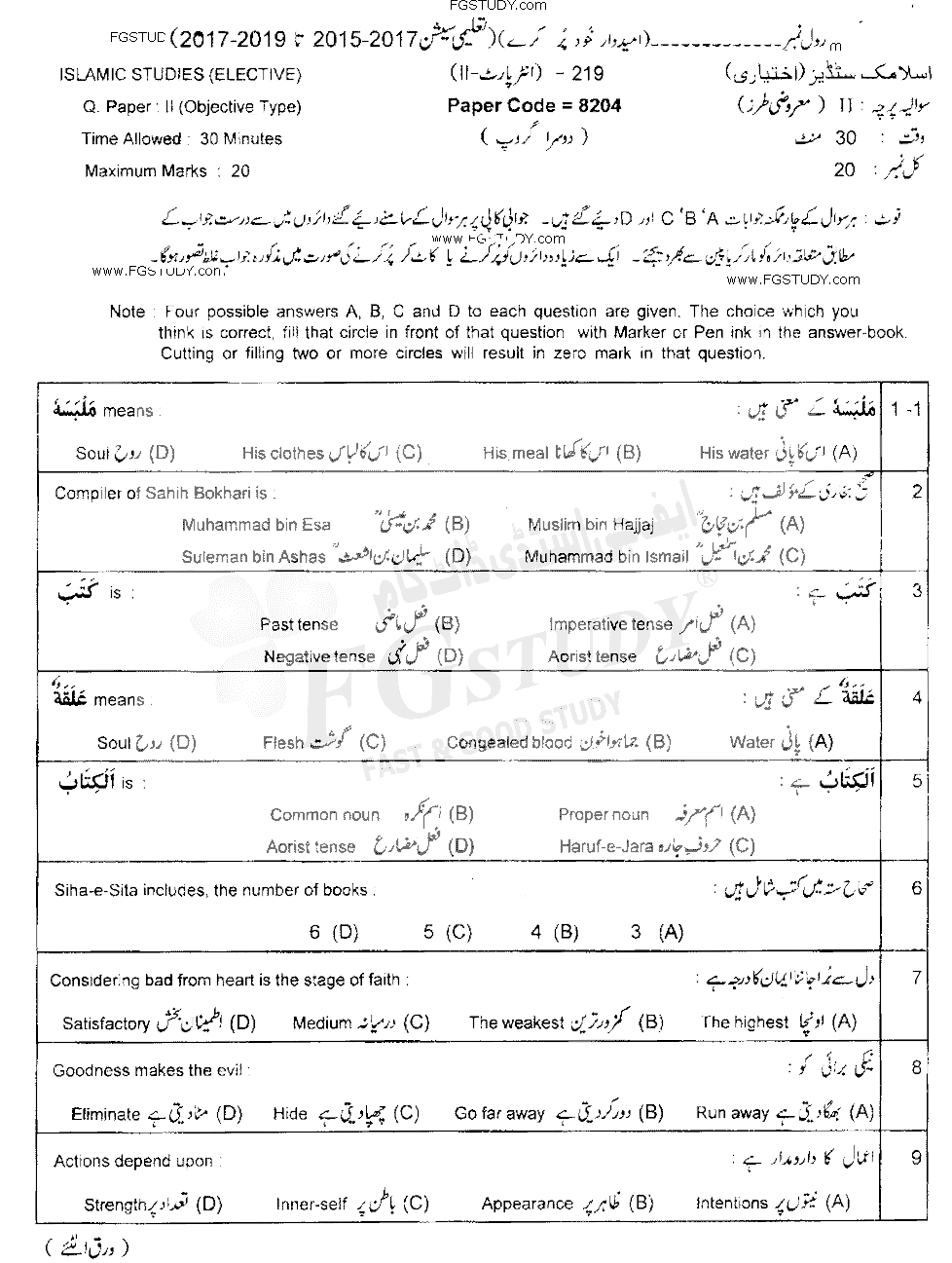 12th Class Islamic Studies Elective Past Paper 2019 Lahore Board Group 2 Objective