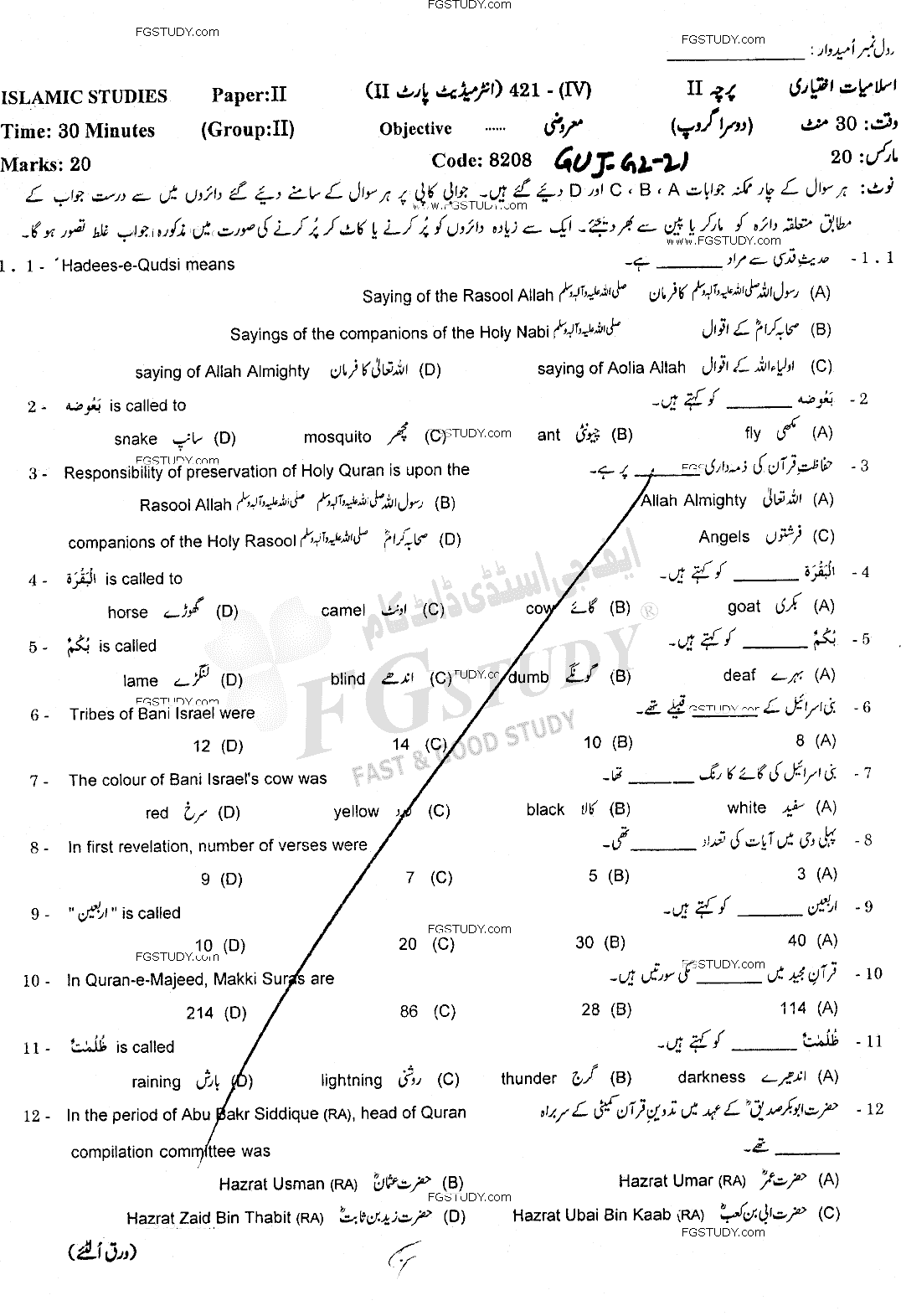 12th Class Islamic Studies Elective Past Paper 2021 Sahiwal Board Group 2 Objective