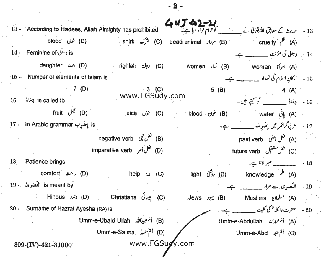 12th Class Islamic Studies Elective Past Paper 2021 Sahiwal Board Group 2 Objective
