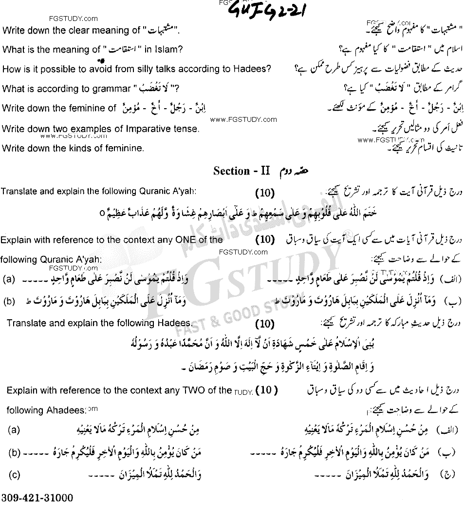 12th Class Islamic Studies Elective Past Paper 2021 Sahiwal Board Group 2 Subjective