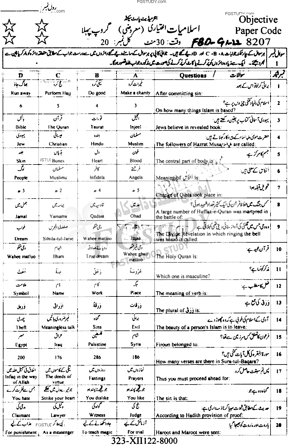12th Class Islamic Studies Elective Past Paper 2022 Faisalabad Board Group 1 Objective