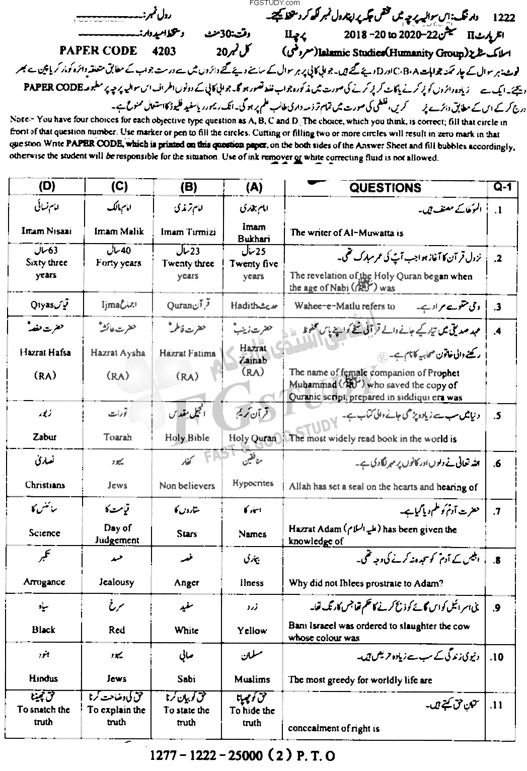 12th Class Islamic Studies Elective Past Paper 2022 Sargodha Board Objective