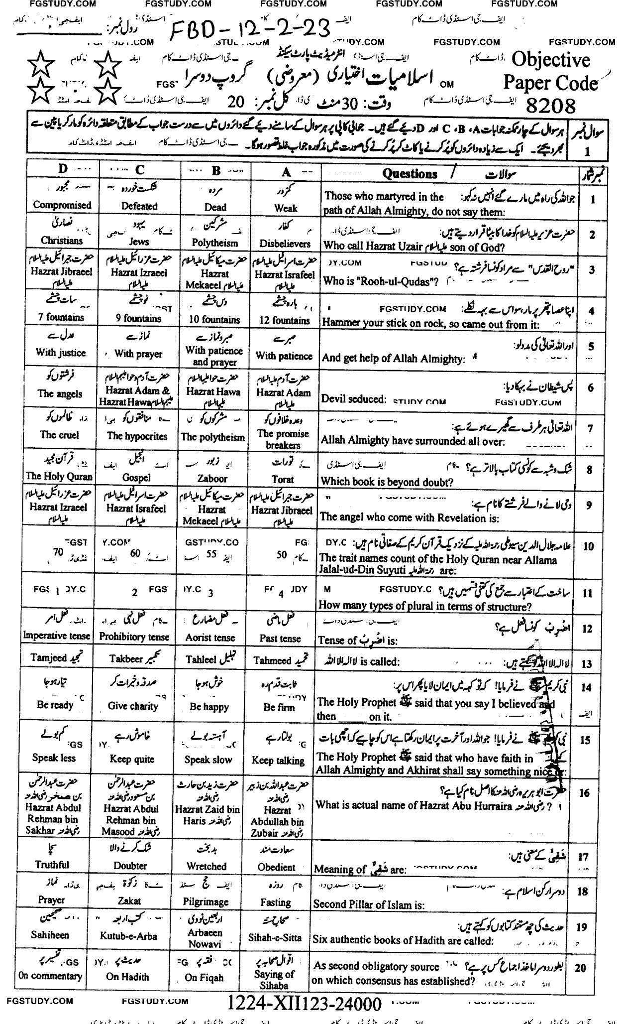 12th Class Islamic Studies Elective Past Paper 2023 Faisalabad Board Group 2 Objective