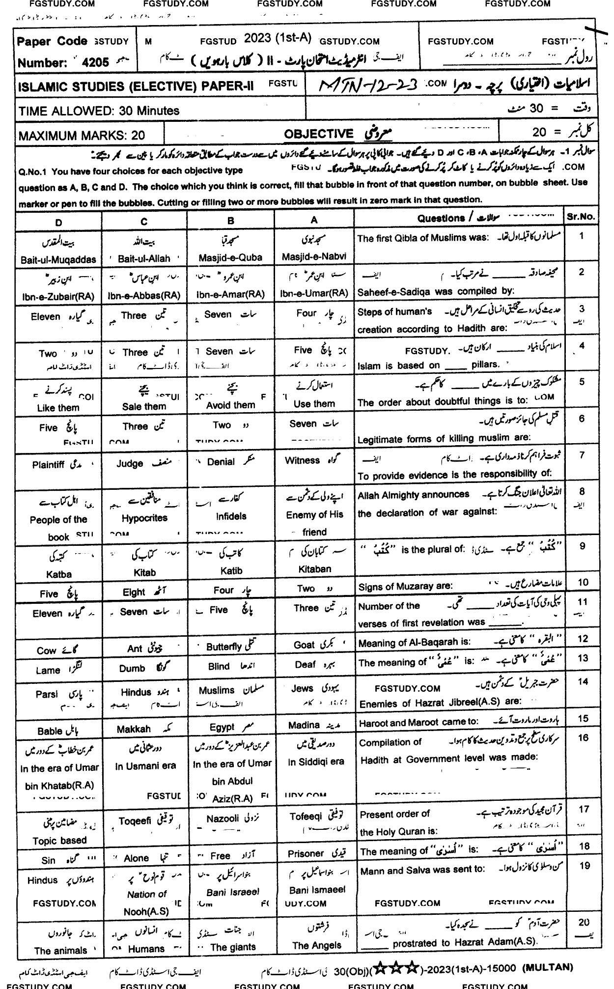 12th Class Islamic Studies Elective Past Paper 2023 Multan Board Objective
