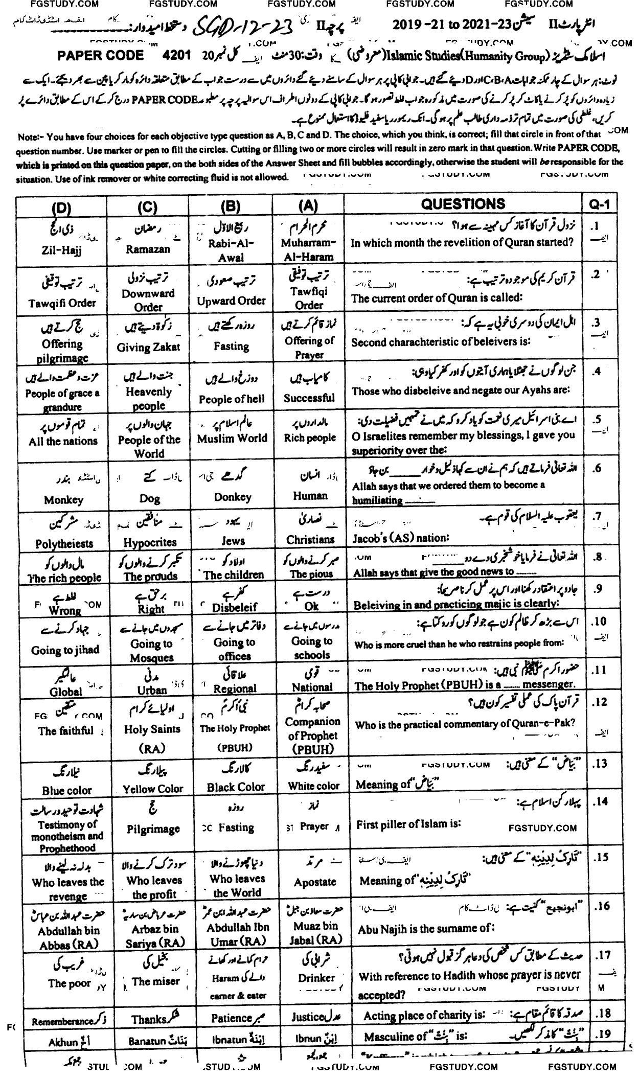 12th Class Islamic Studies Elective Past Paper 2023 Sargodha Board Objective