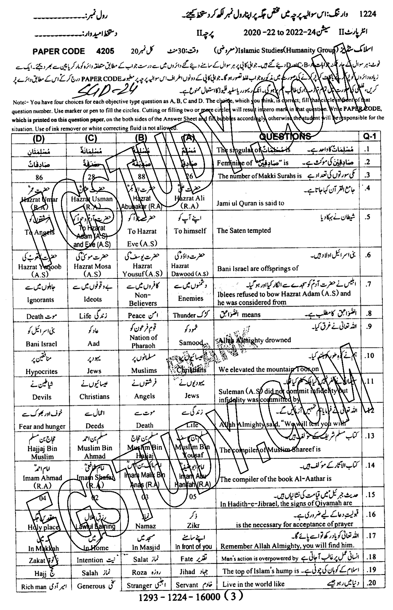 12th Class Islamic Studies Elective Past Paper 2024 Sargodha Board Objective