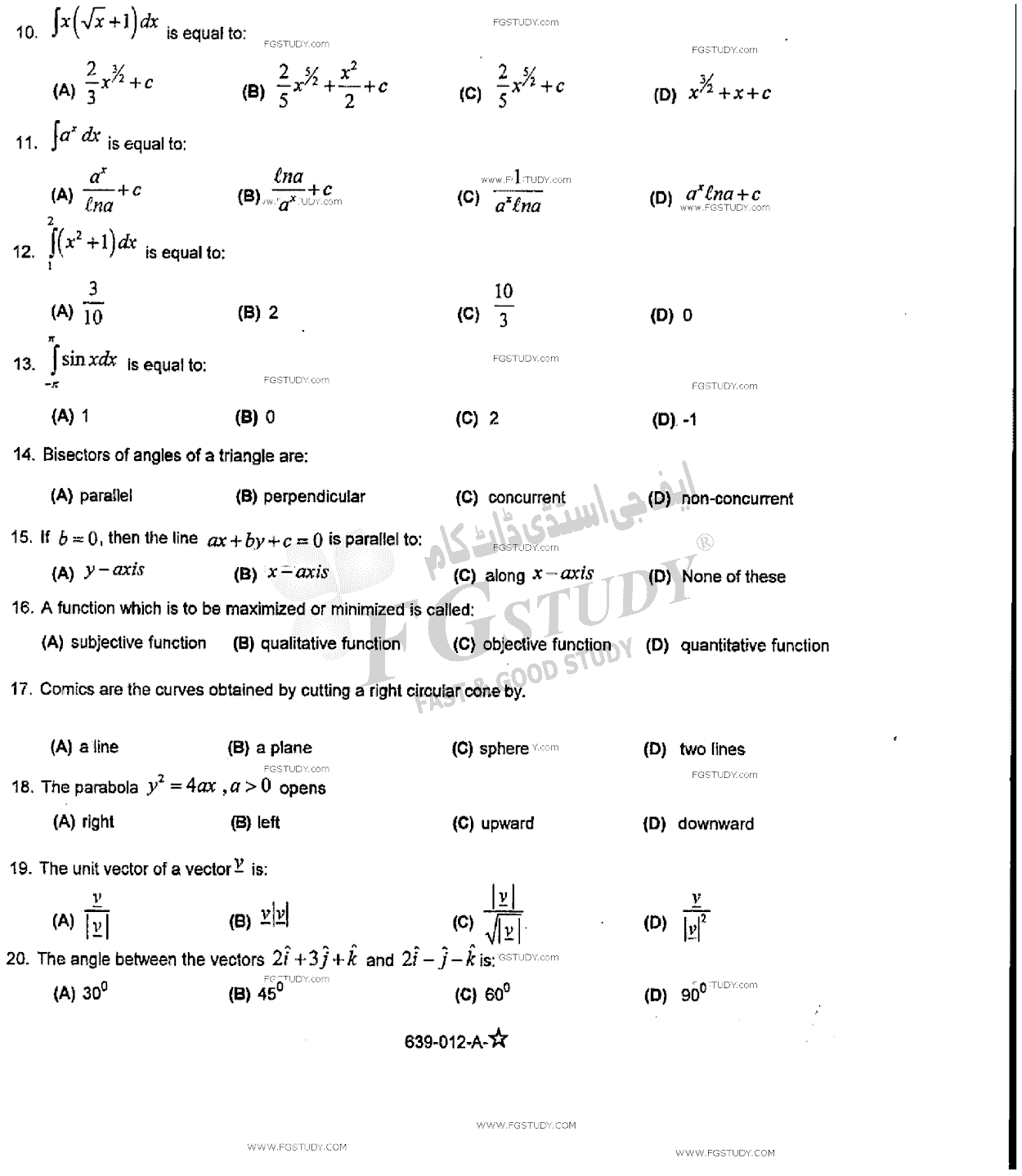 12th Class Mathematics Past Paper 2015 Rawalpindi Board Objective