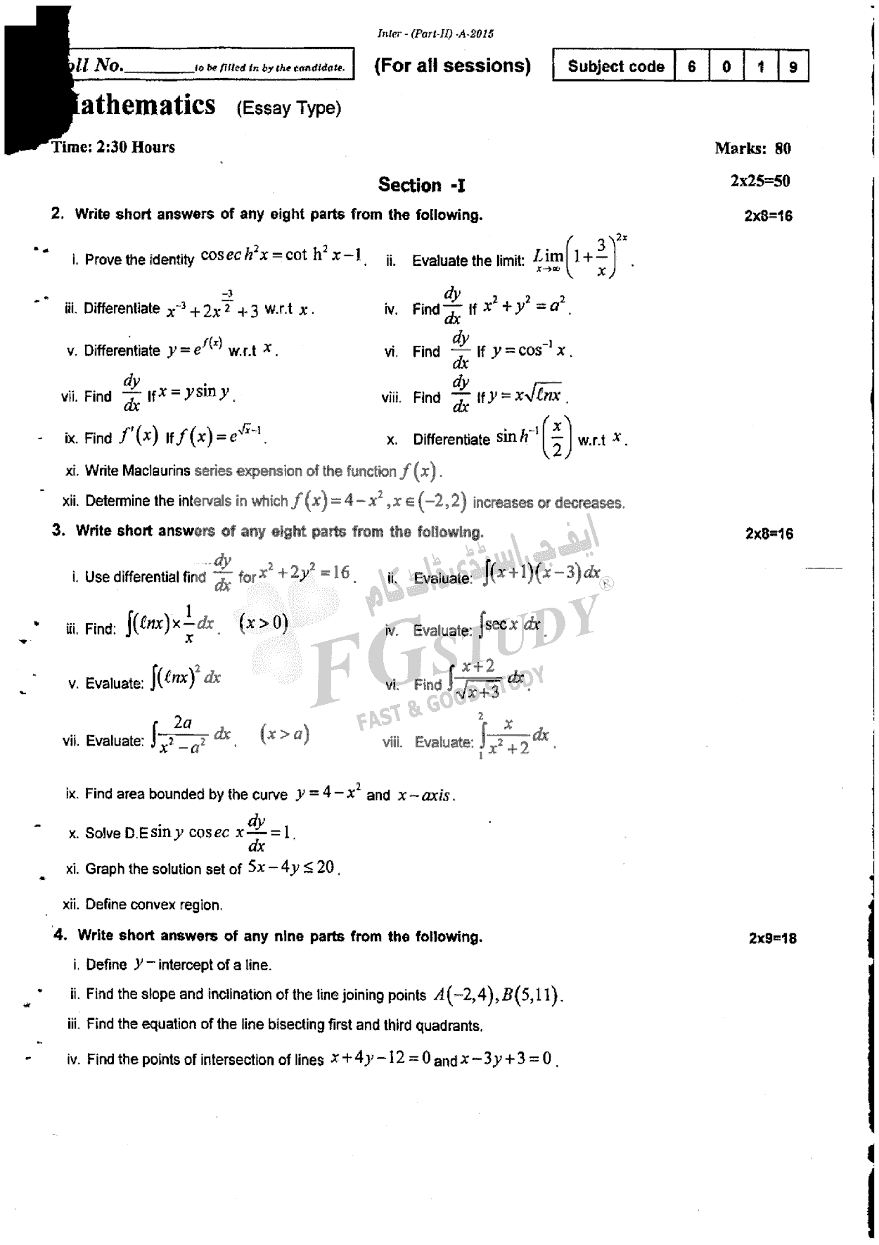 12th Class Mathematics Past Paper 2015 Rawalpindi Board Subjective